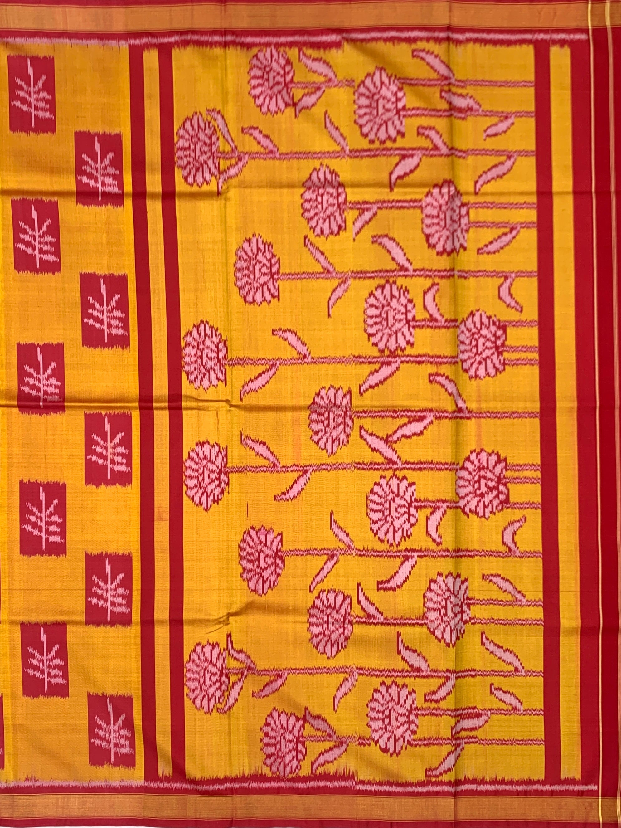 Golden Mustard & Crimson Red: Floral Vine Rajkot Patola Silk Saree