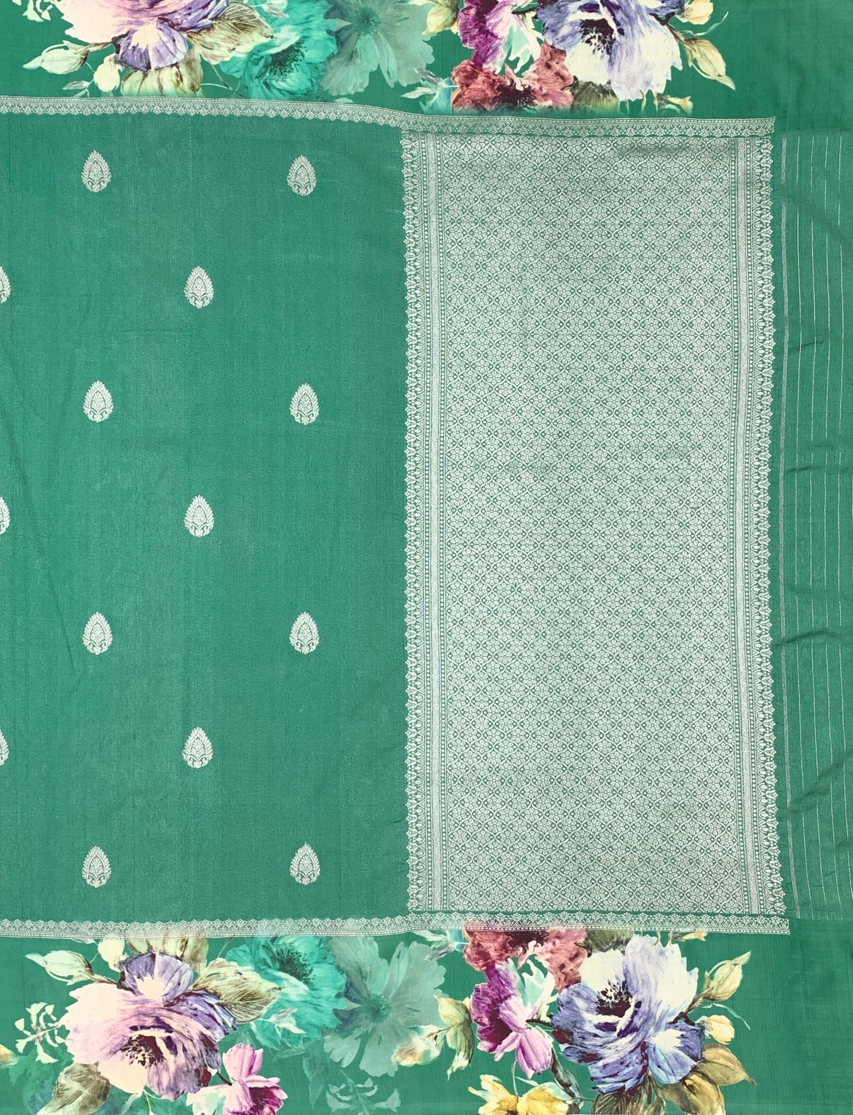 Enchanting Emerald Green Tussar Silk Saree with Floral Border