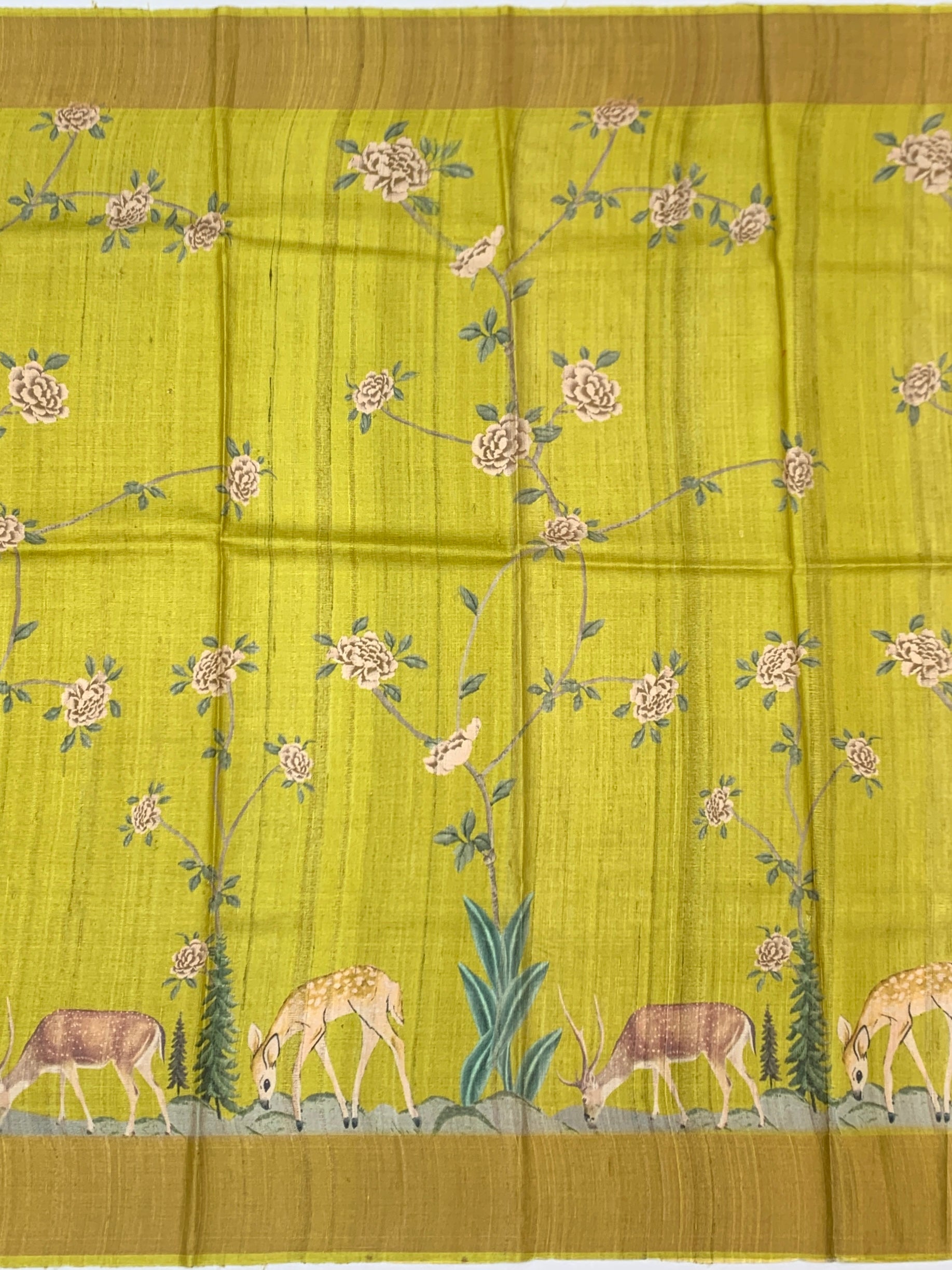 Chartreuse Meadow: Scenic Deer Tussore Printed Saree