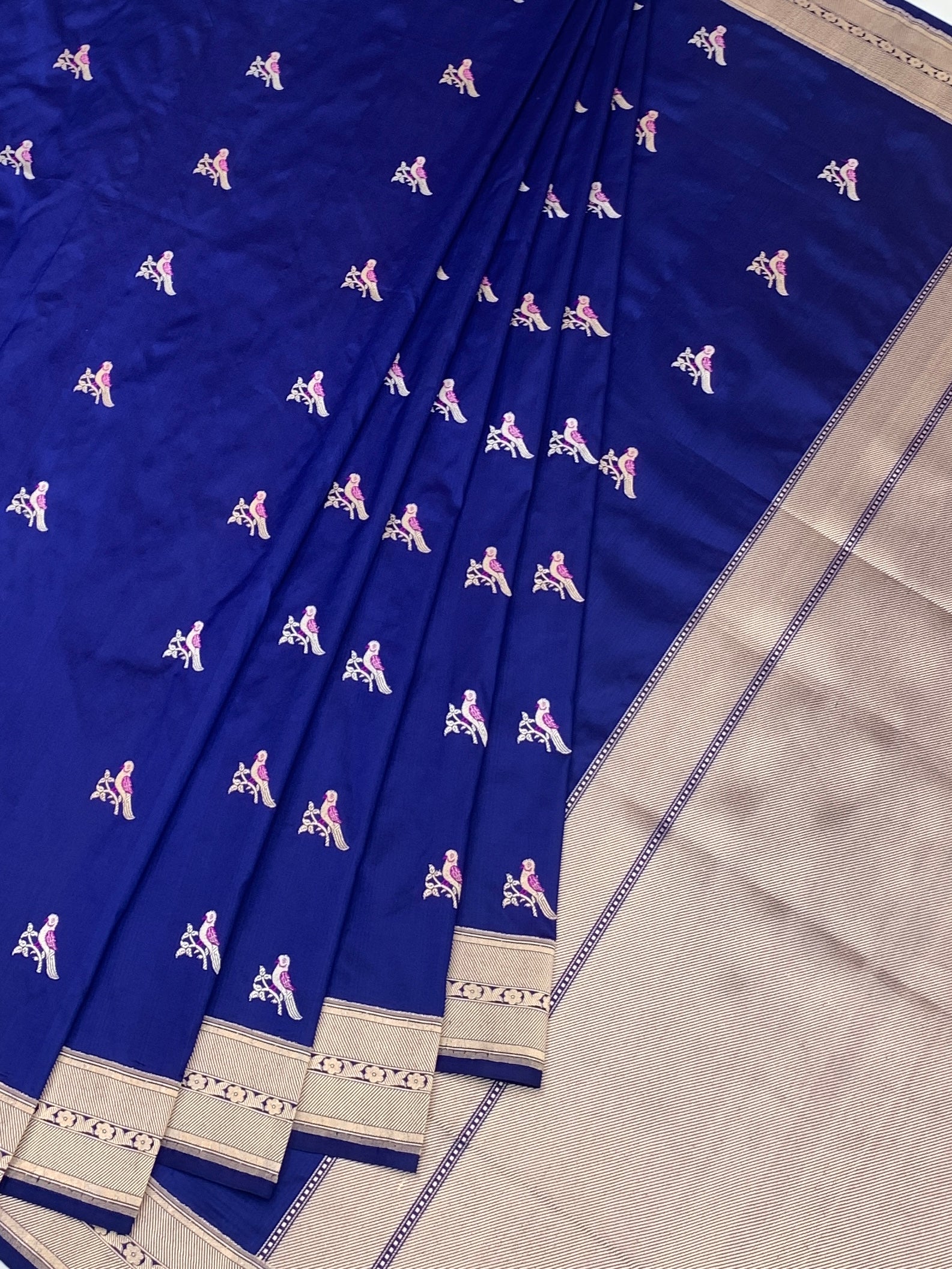 Royal Blue Banarasi Silk Saree with Silver Zari Bird Motifs