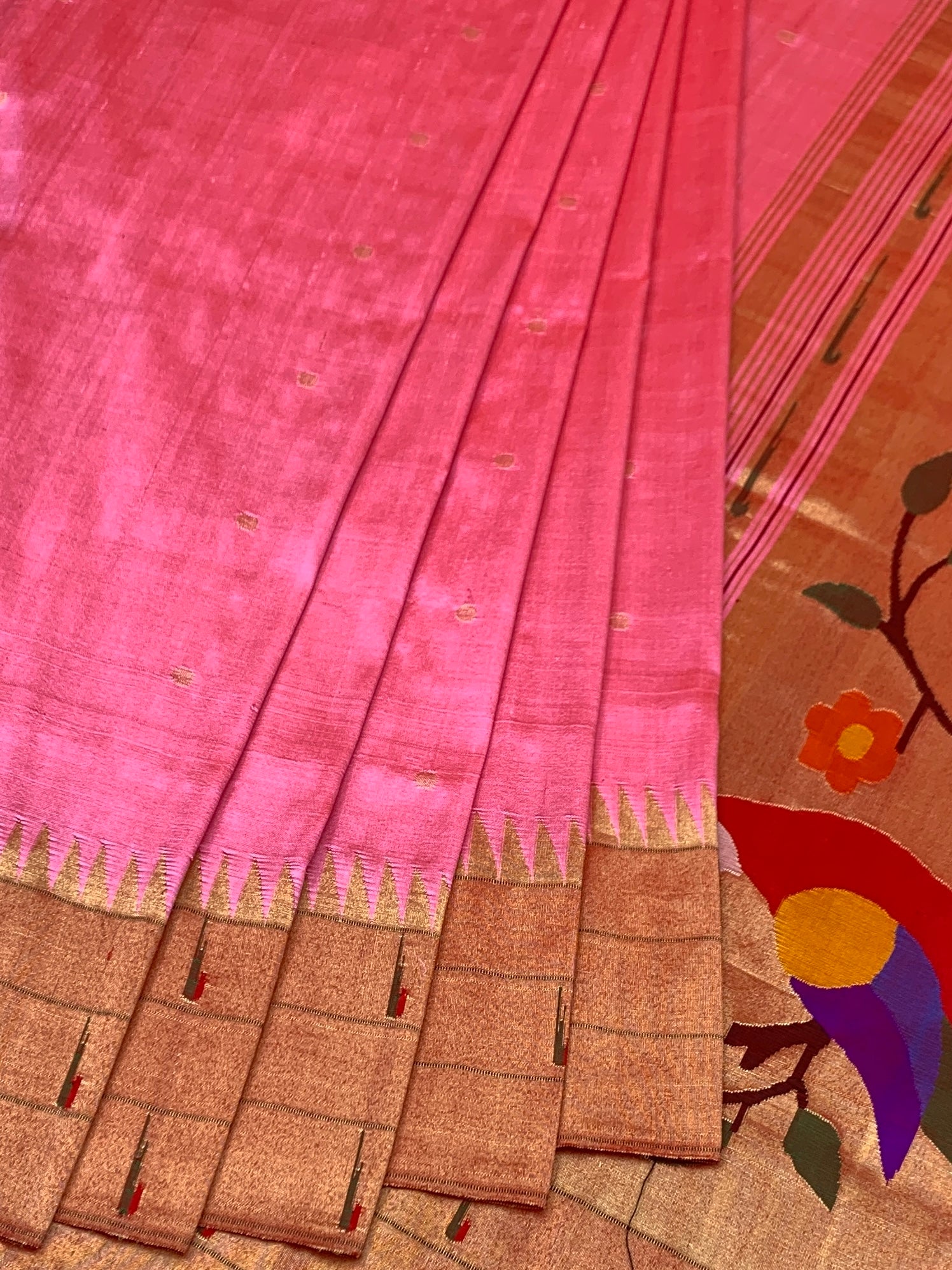 Radiant Flamingo Pink Paithani Silk Saree with Vibrant Parrot Pallu