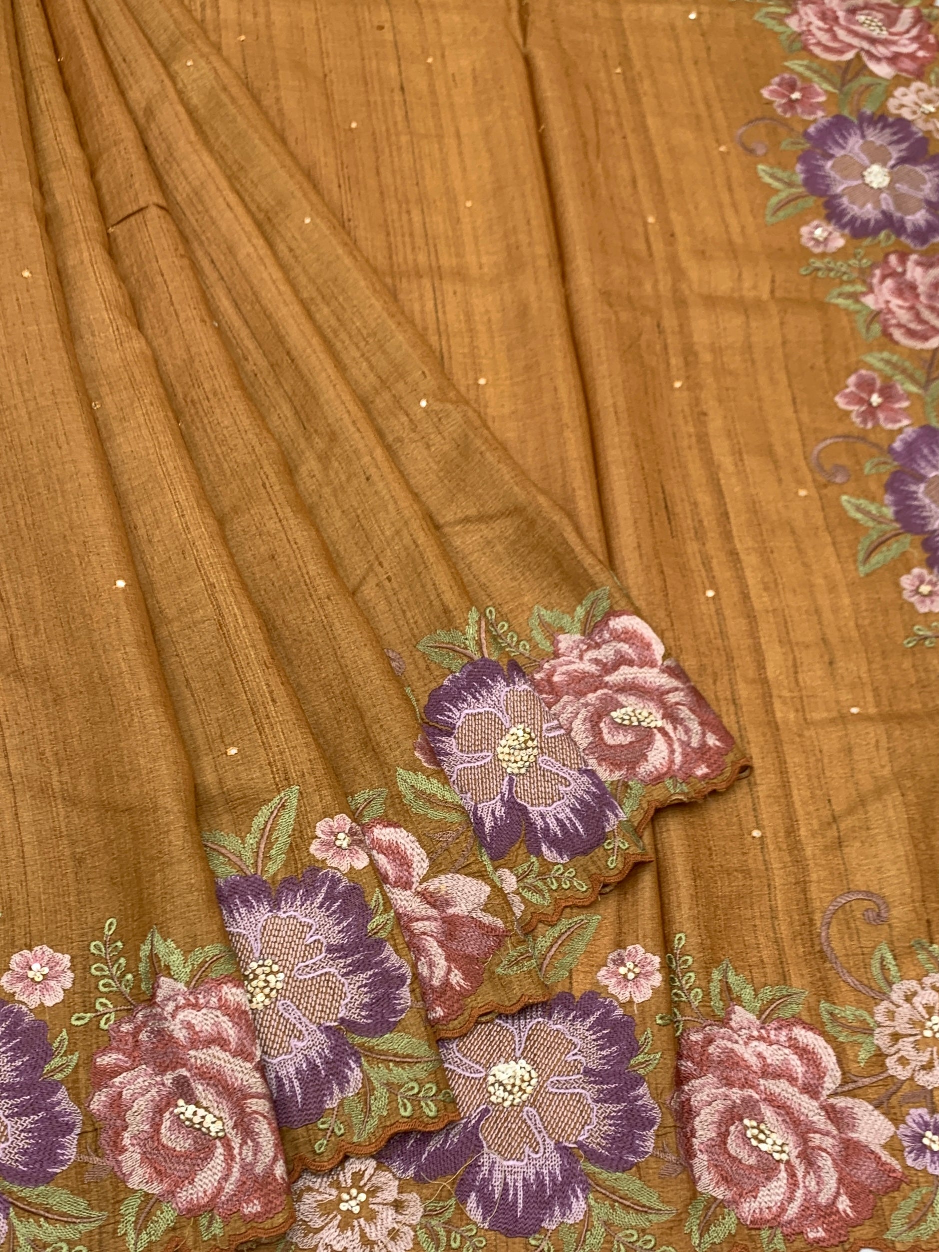 Golden Ochre Symphony: Hand-Embroidered Tussar Silk Saree