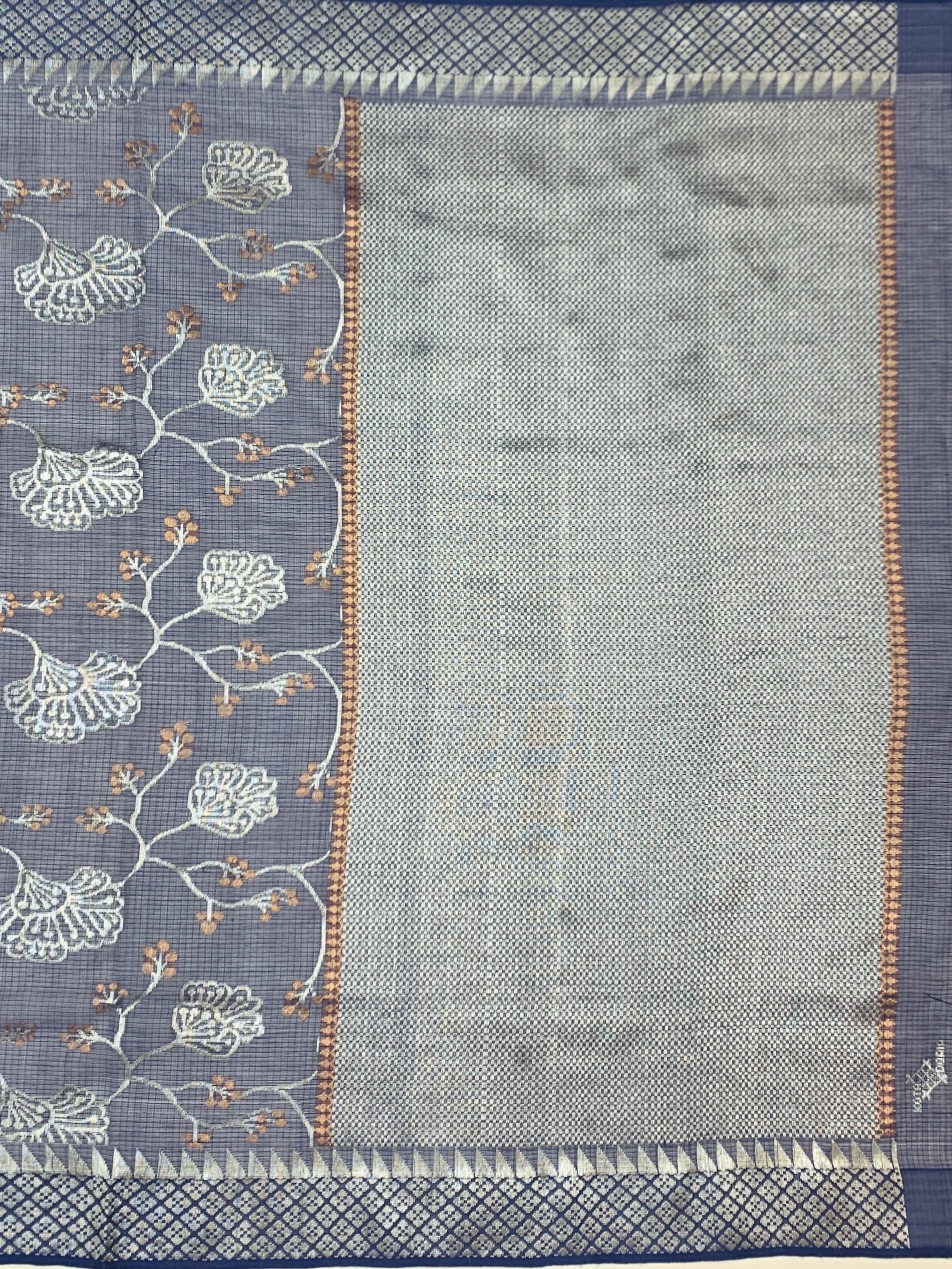 Midnight Blue Zari Kota Saree with Silver Woven Florals & Temple Border