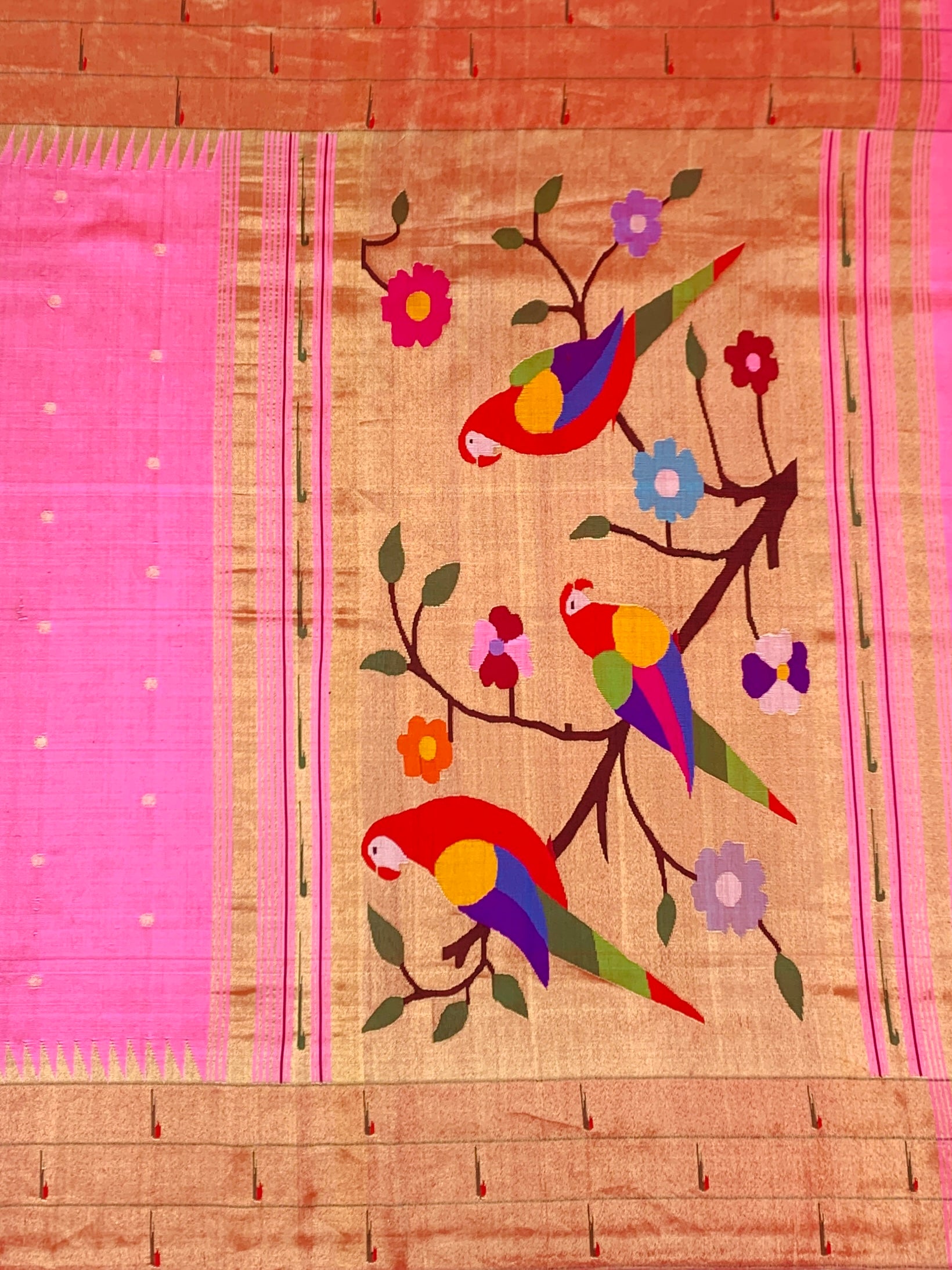 Radiant Flamingo Pink Paithani Silk Saree with Vibrant Parrot Pallu