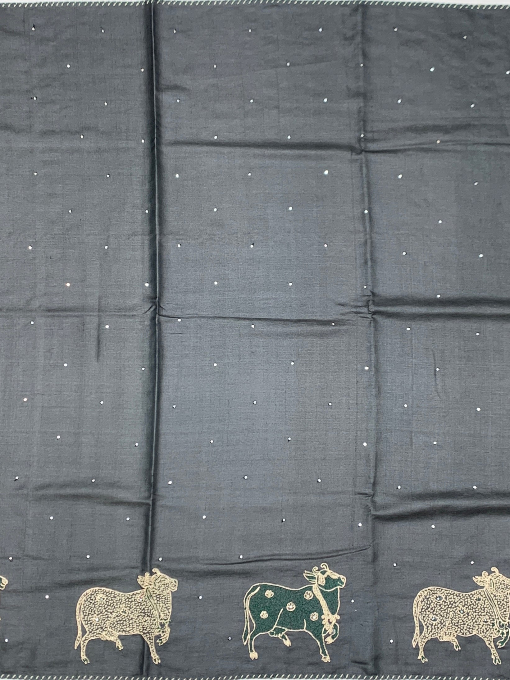 Midnight Charcoal: Pichwai Cow Motif Hand-Embroidered Tussar Saree