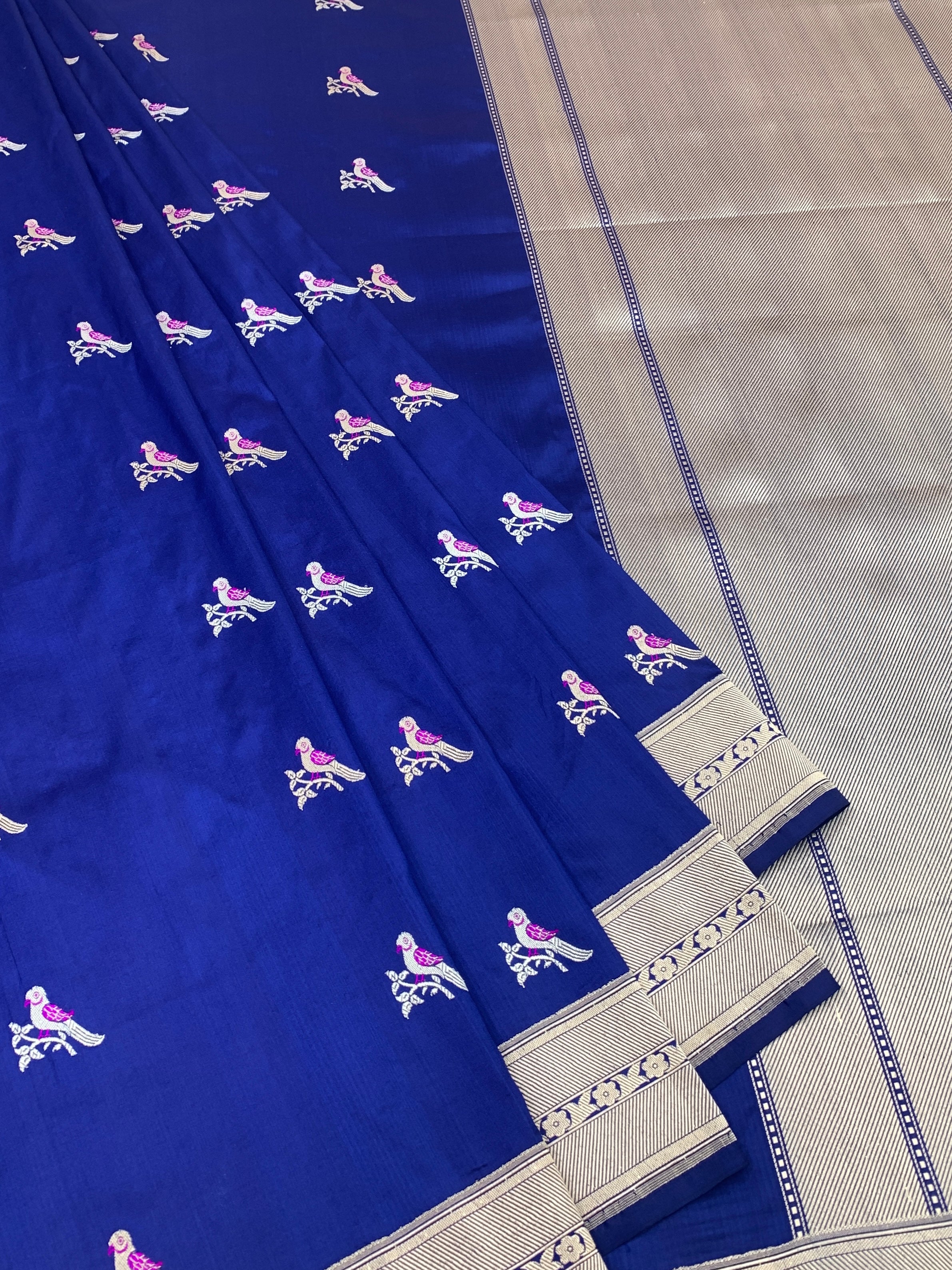 Royal Blue Banarasi Silk Saree with Silver Zari Bird Motifs