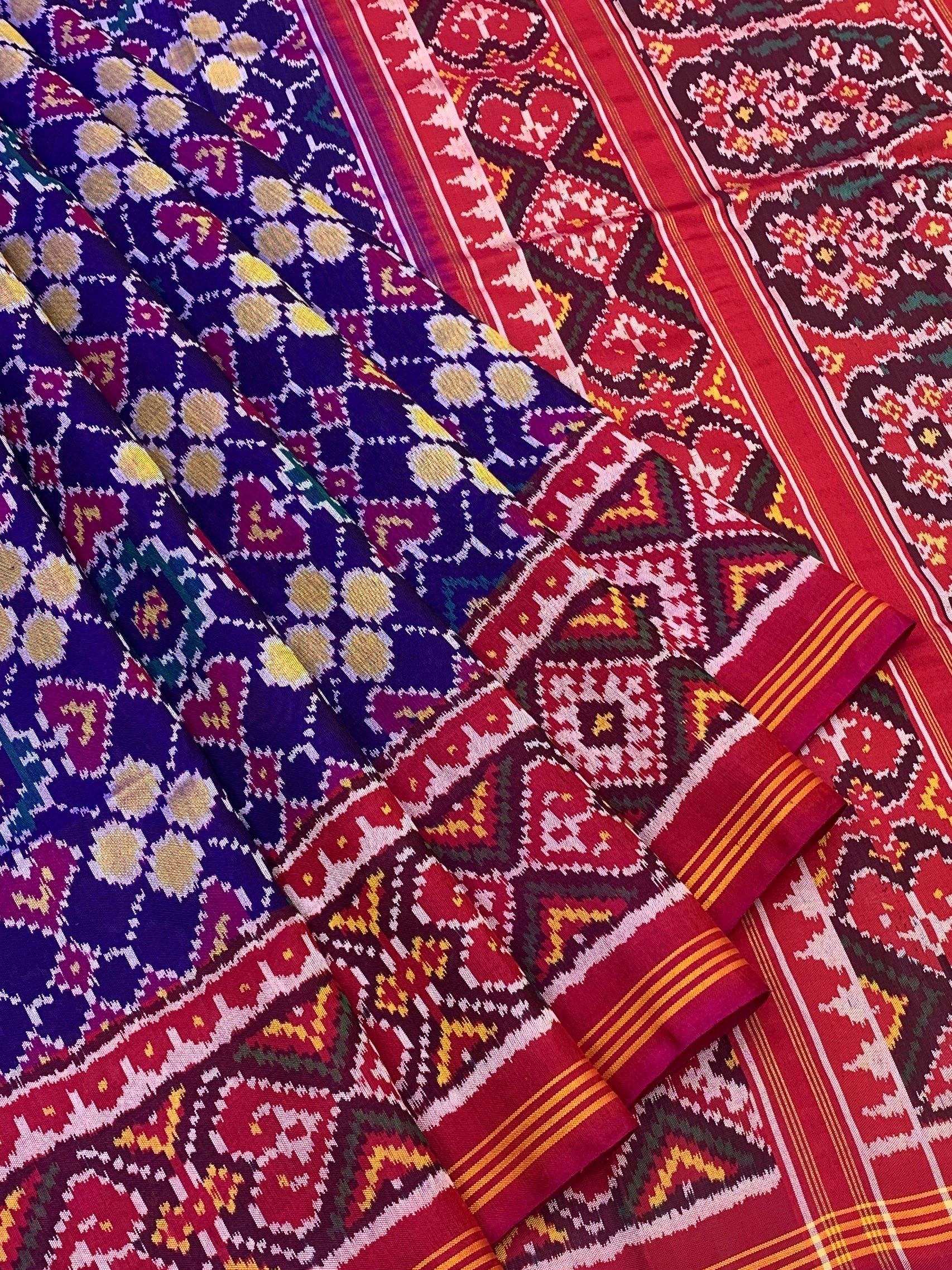 Regal Heritage: Royal Blue and Crimson Traditional Patola Silk Saree