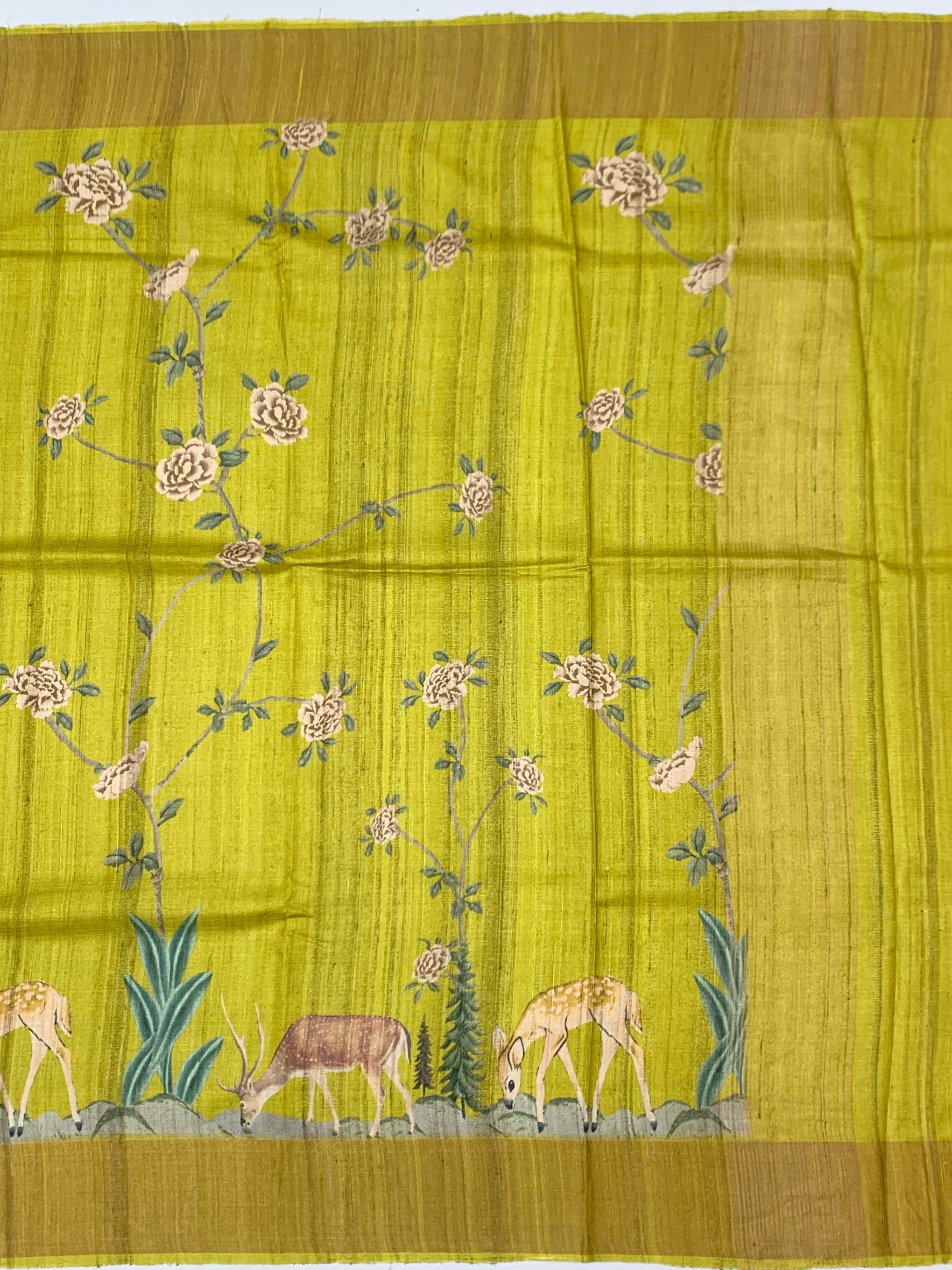 Chartreuse Meadow: Scenic Deer Tussore Printed Saree