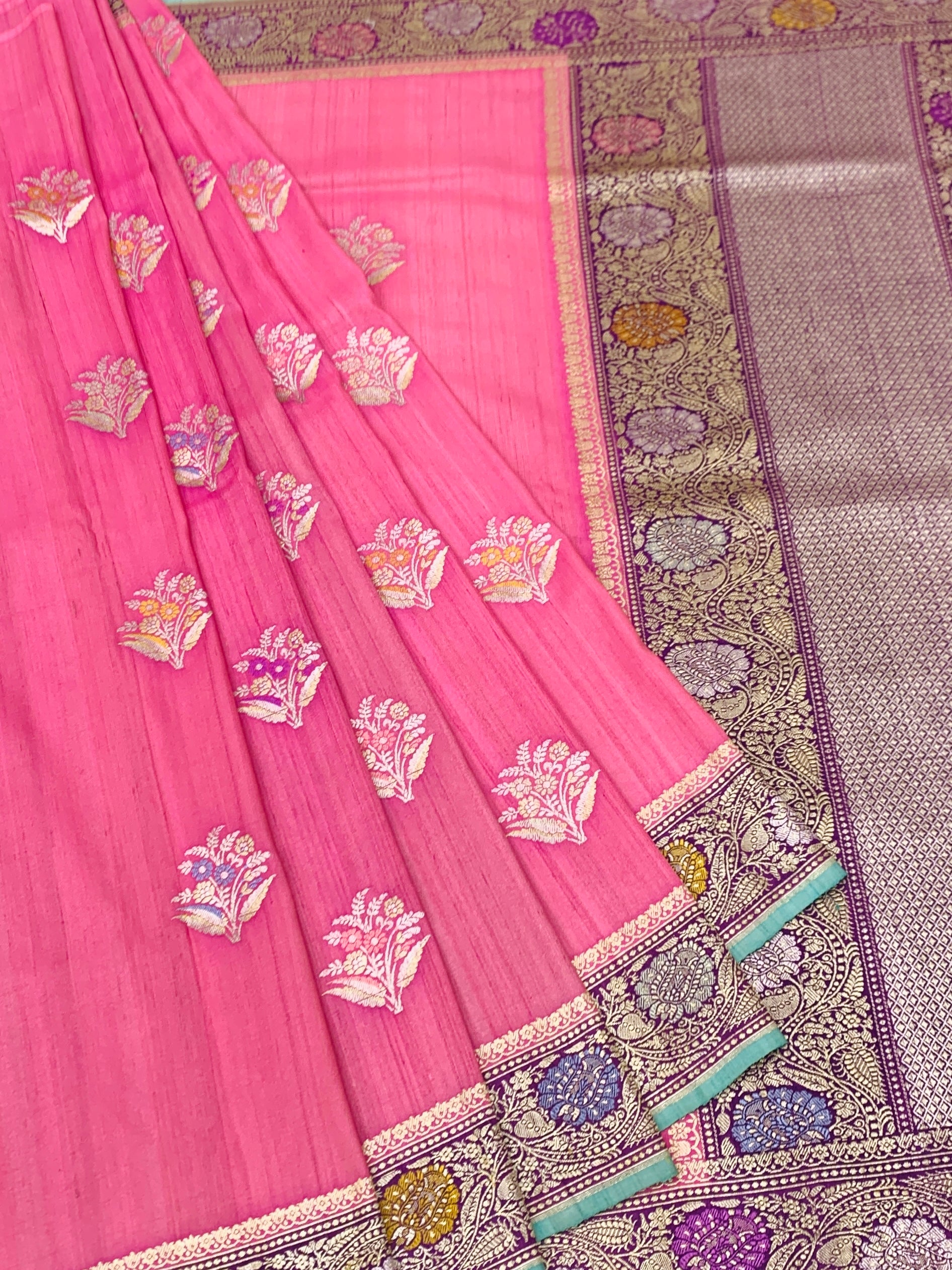 Vibrant Fuchsia Pink Tussore Georgette Saree with Meenakari Florals and Aqua Blue Blouse