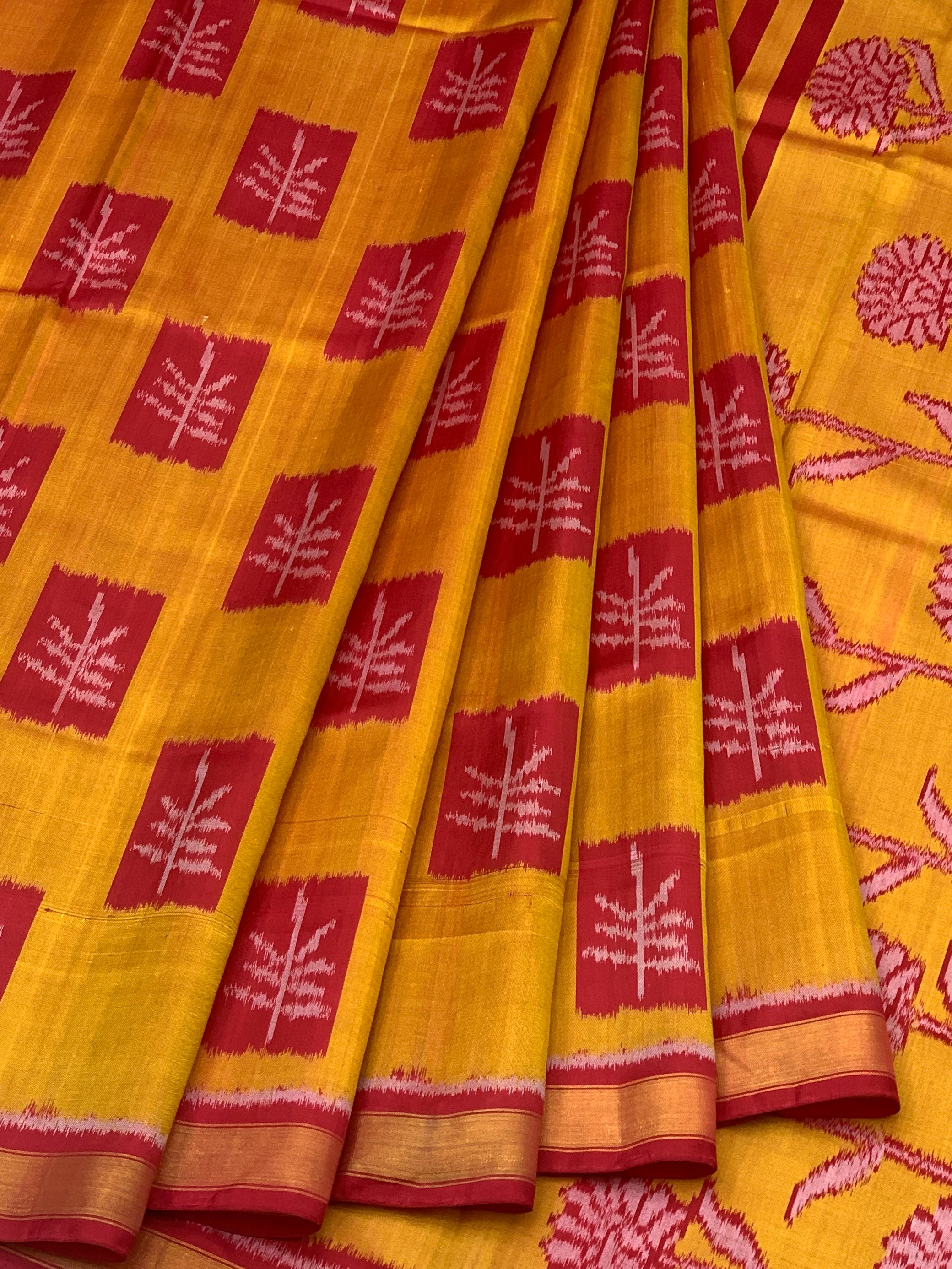 Golden Mustard & Crimson Red: Floral Vine Rajkot Patola Silk Saree