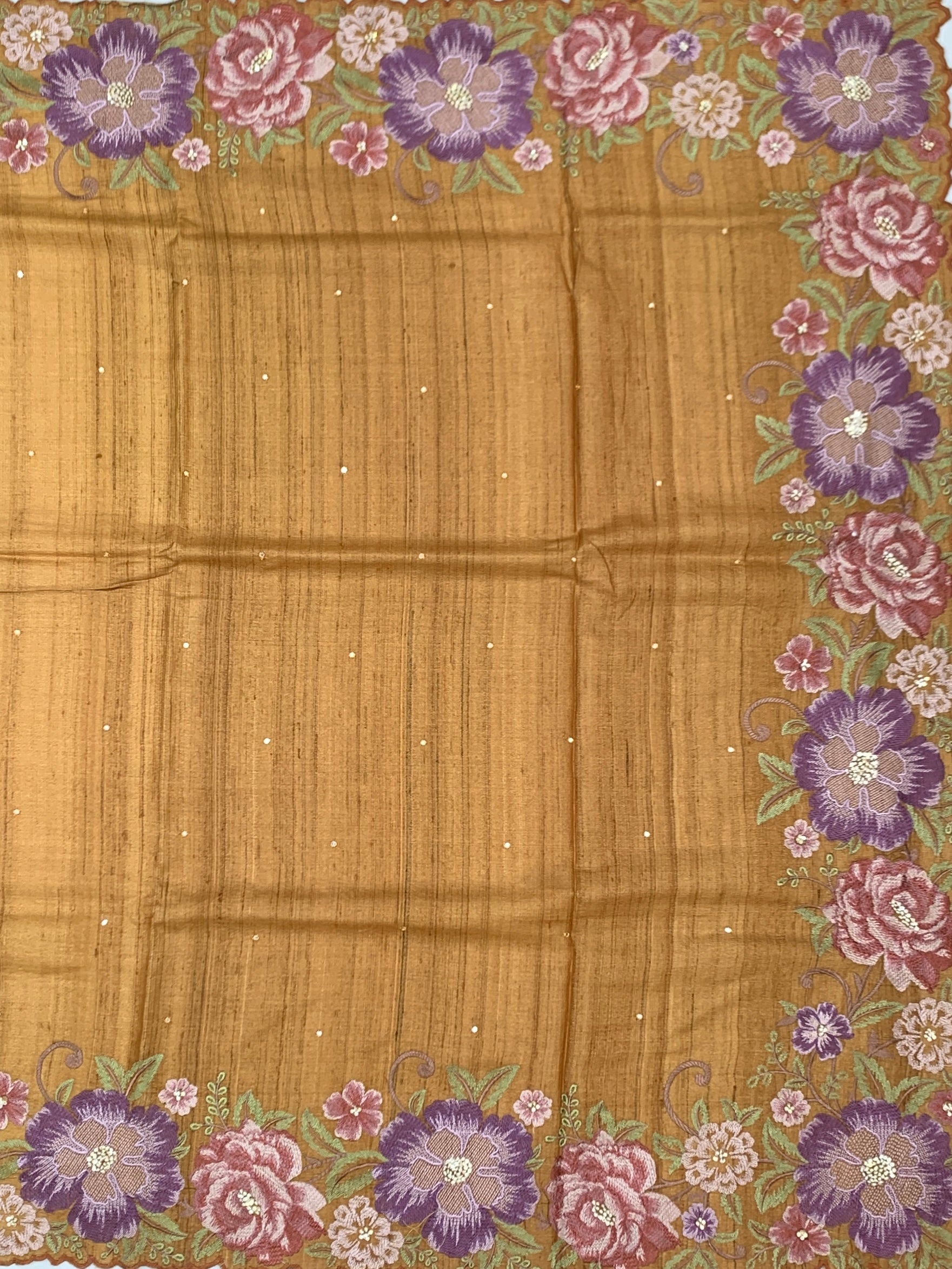 Golden Ochre Symphony: Hand-Embroidered Tussar Silk Saree