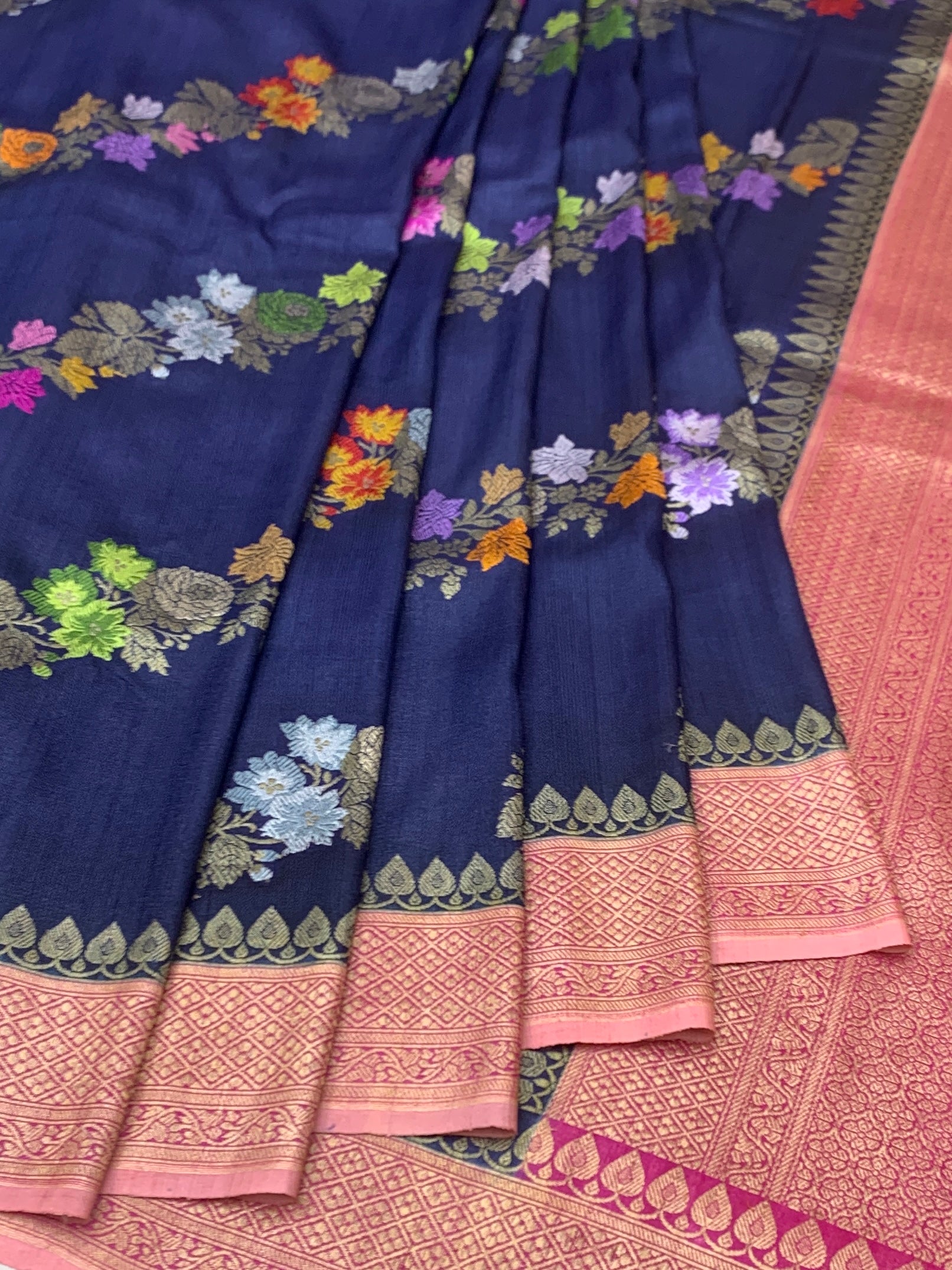 Midnight Blue Floral Tussore Georgette Saree with Contrast Pink Pallu