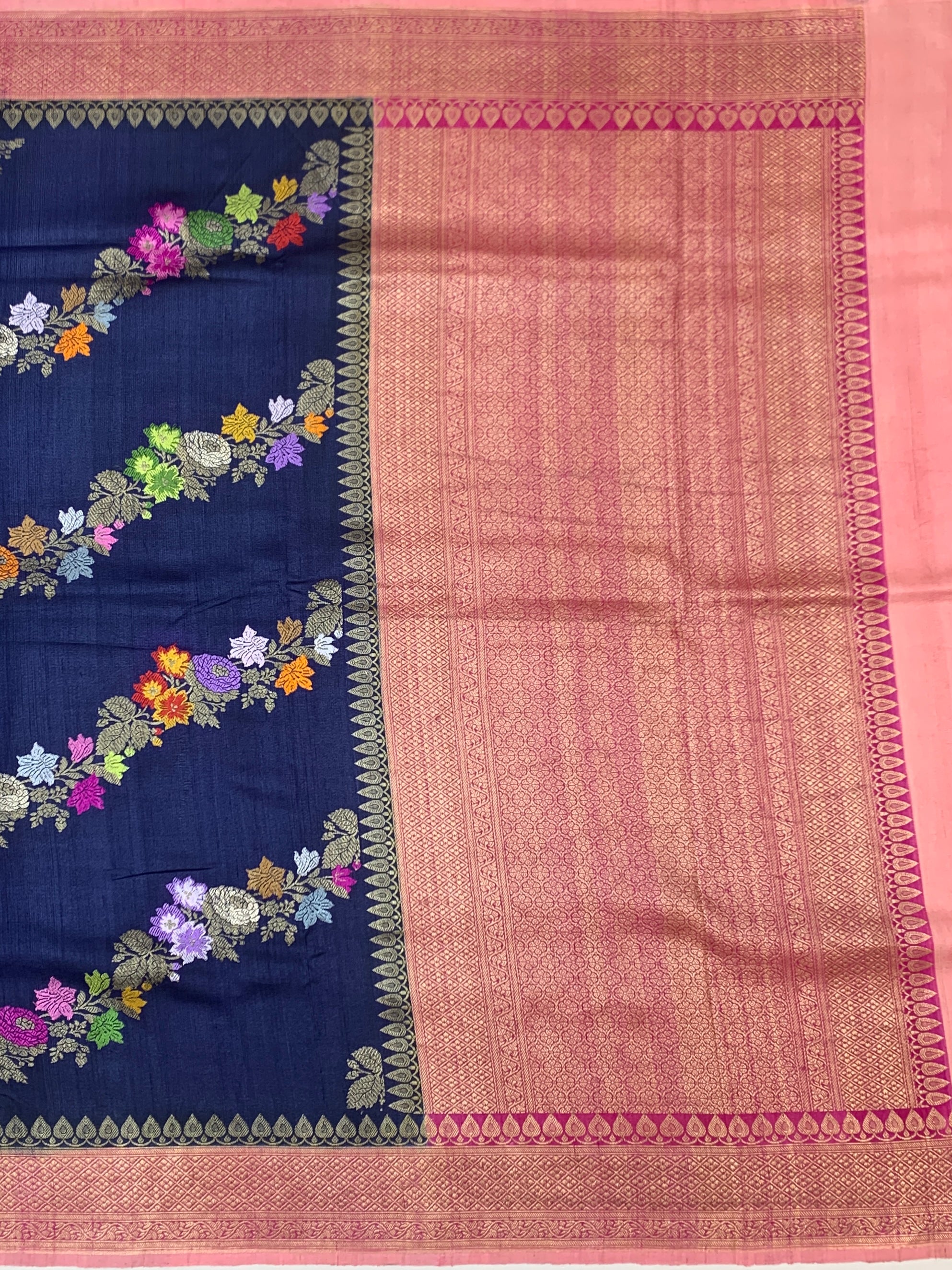 Midnight Blue Floral Tussore Georgette Saree with Contrast Pink Pallu