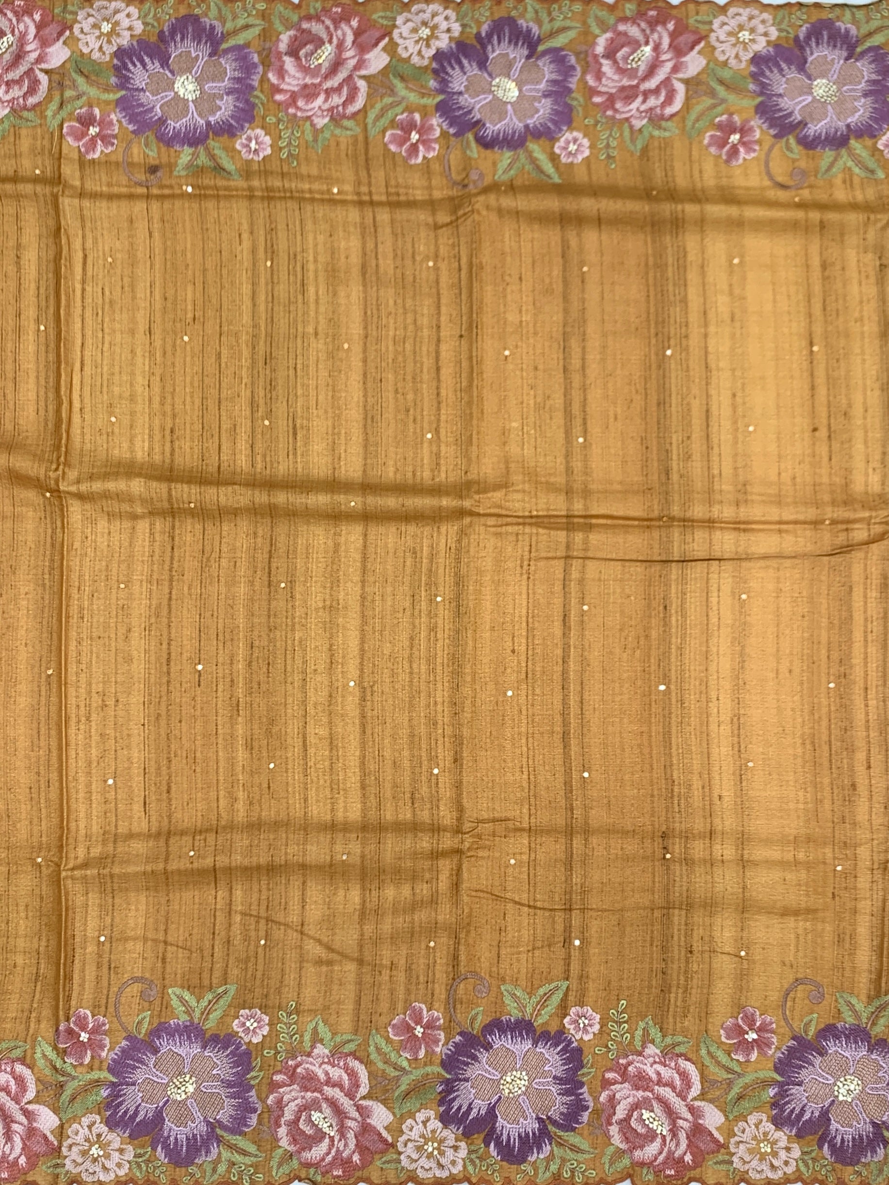 Golden Ochre Symphony: Hand-Embroidered Tussar Silk Saree