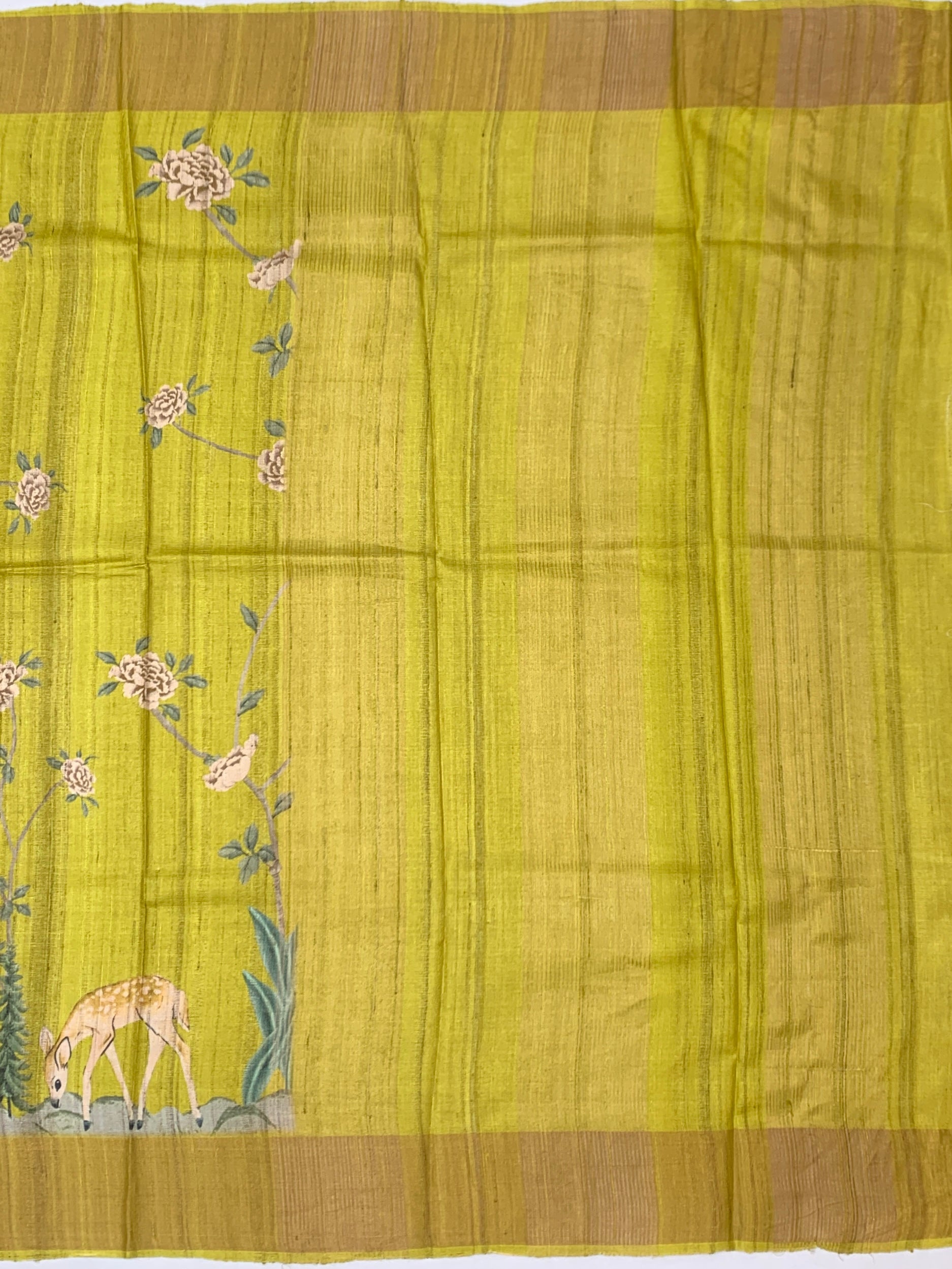 Chartreuse Meadow: Scenic Deer Tussore Printed Saree