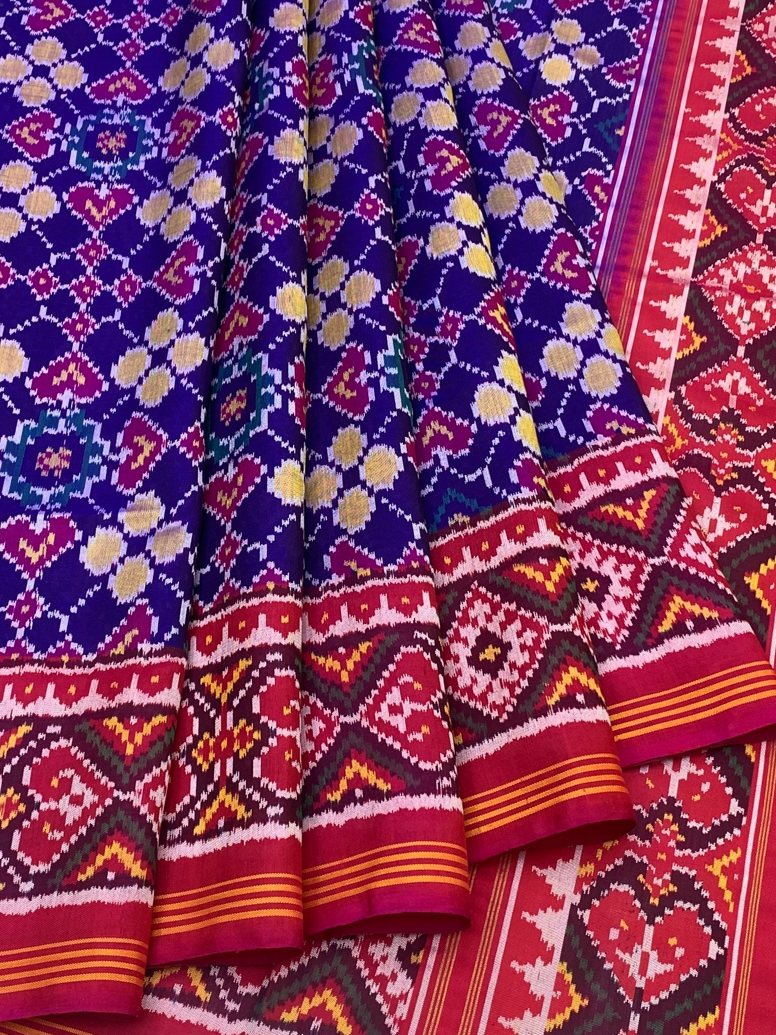 Regal Heritage: Royal Blue and Crimson Traditional Patola Silk Saree