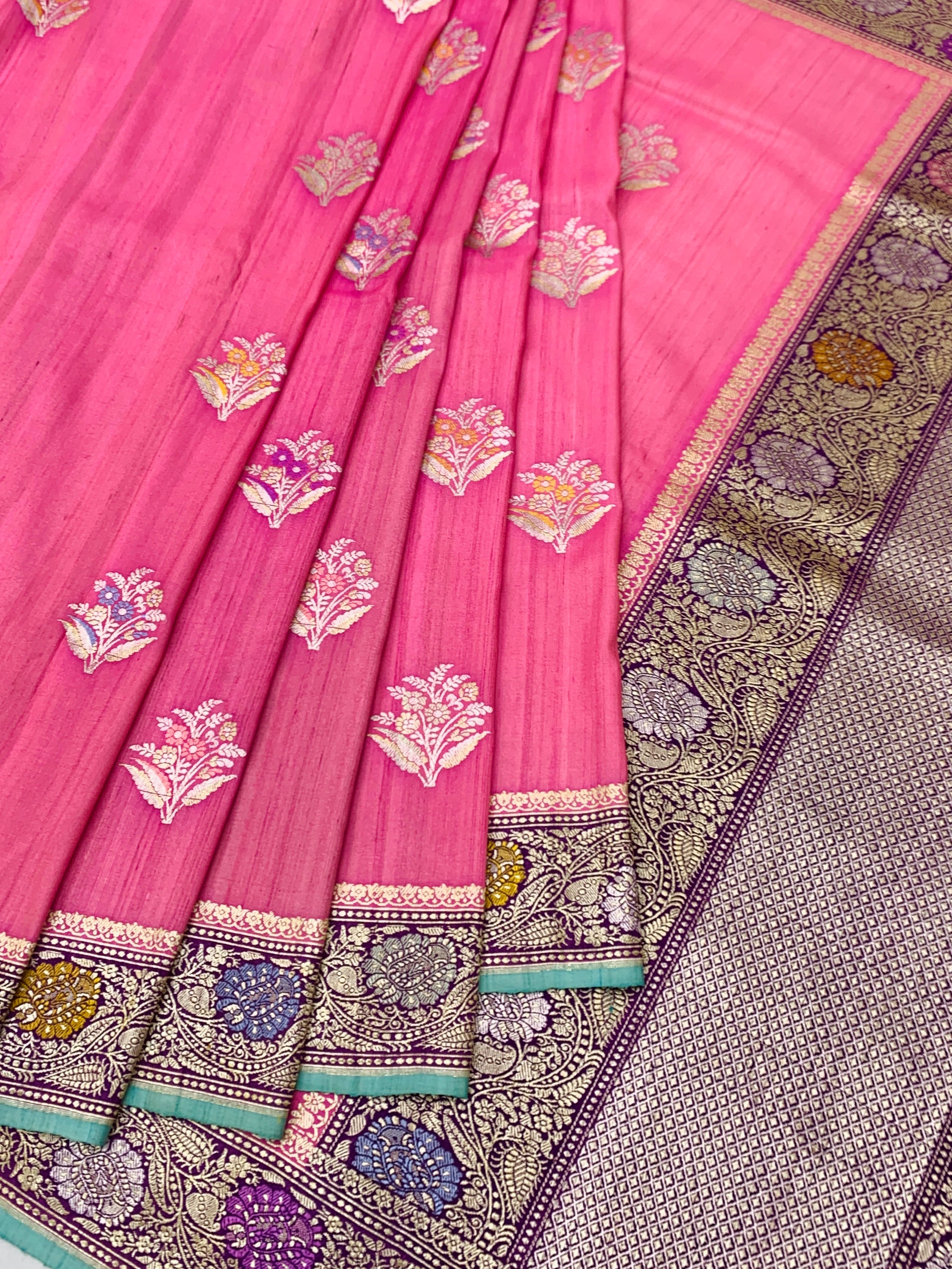 Vibrant Fuchsia Pink Tussore Georgette Saree with Meenakari Florals and Aqua Blue Blouse
