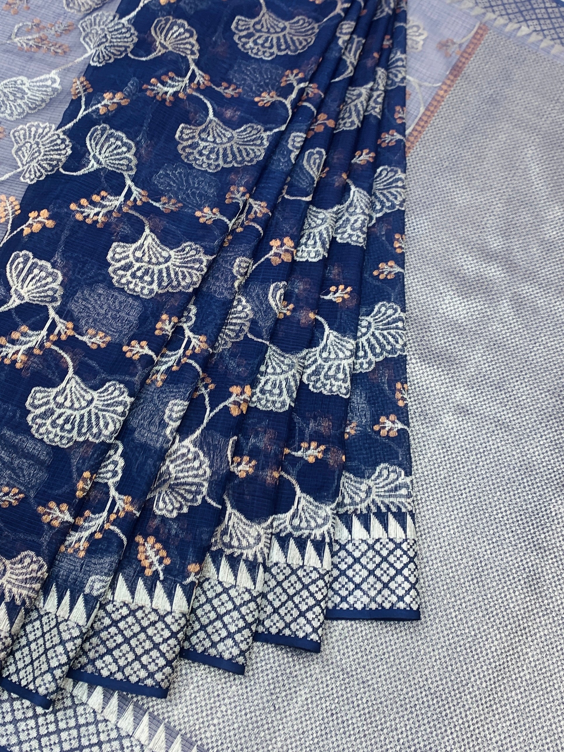 Midnight Blue Zari Kota Saree with Silver Woven Florals & Temple Border