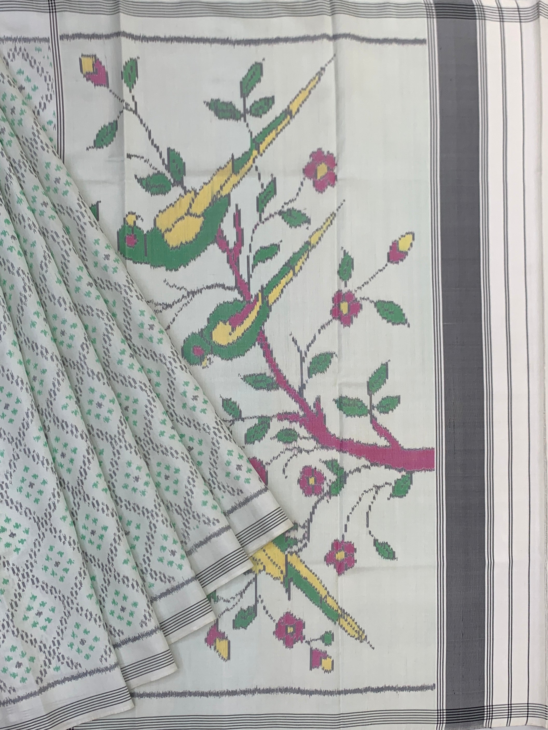 Ivory Handwoven Patola Saree with Vibrant Popat (Parrot) Pallu