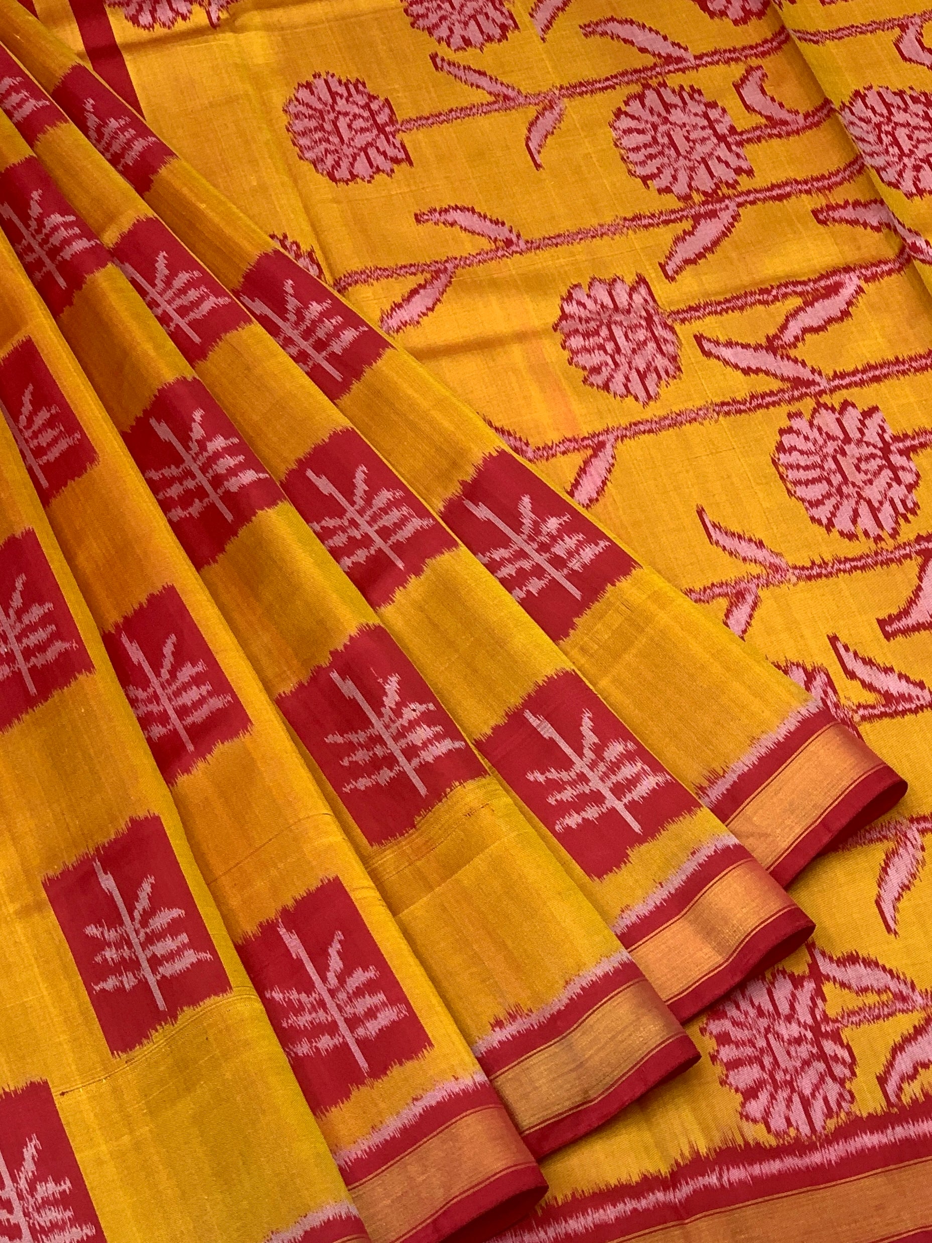 Golden Mustard & Crimson Red: Floral Vine Rajkot Patola Silk Saree