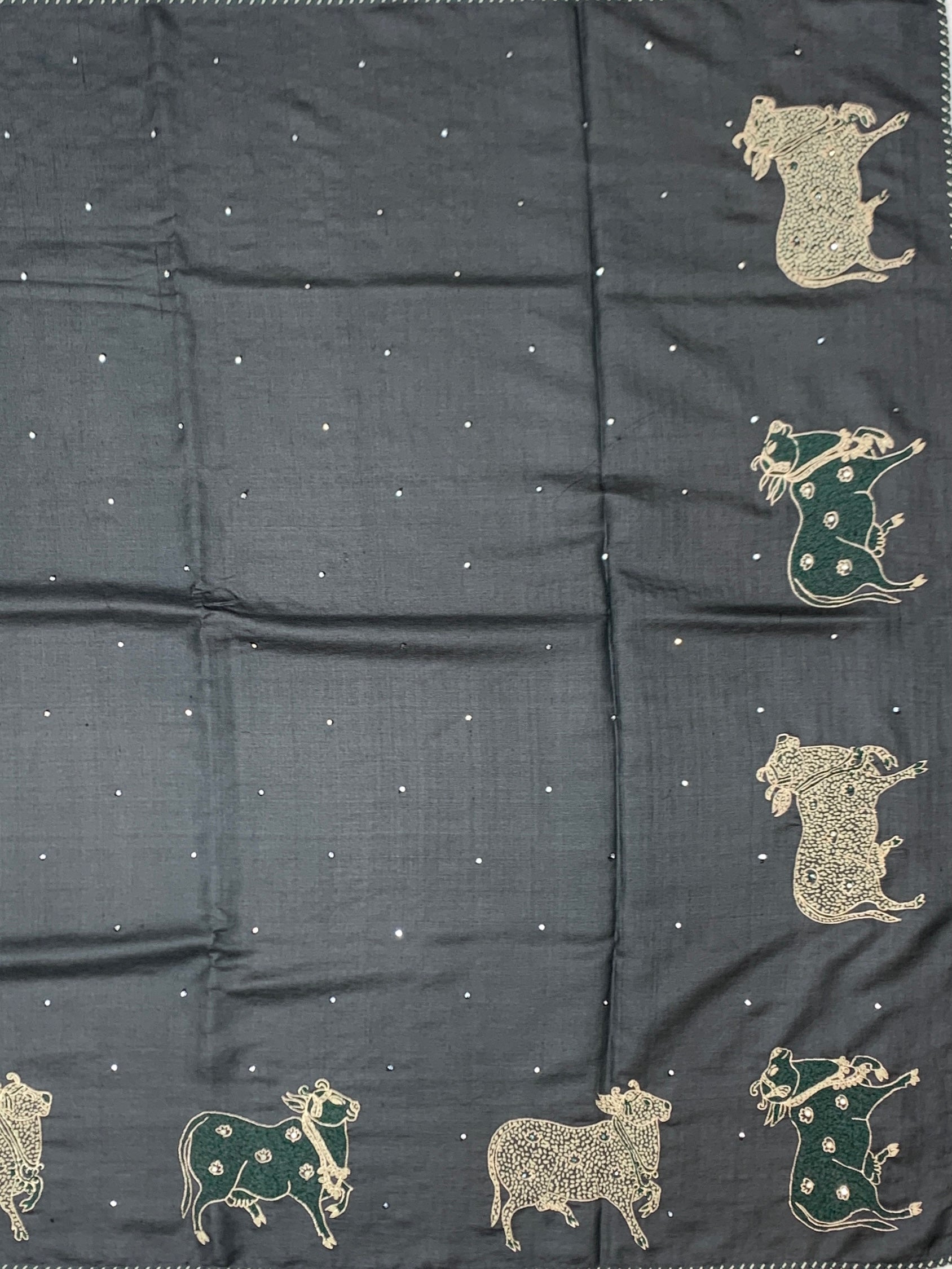 Midnight Charcoal: Pichwai Cow Motif Hand-Embroidered Tussar Saree