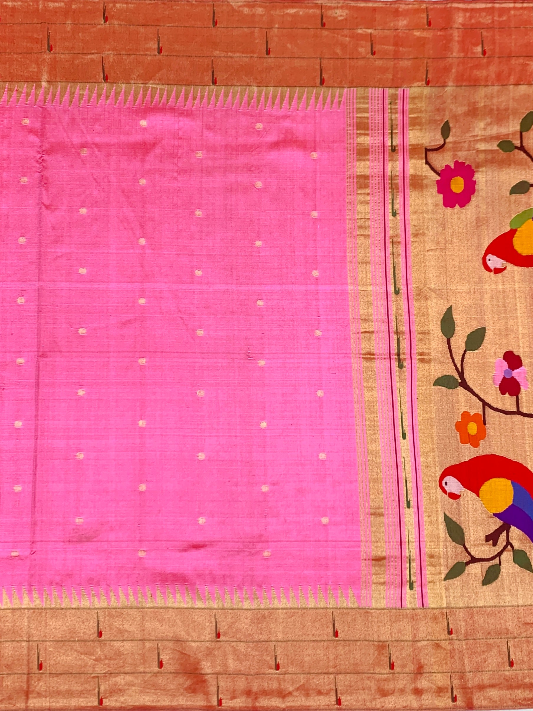 Radiant Flamingo Pink Paithani Silk Saree with Vibrant Parrot Pallu