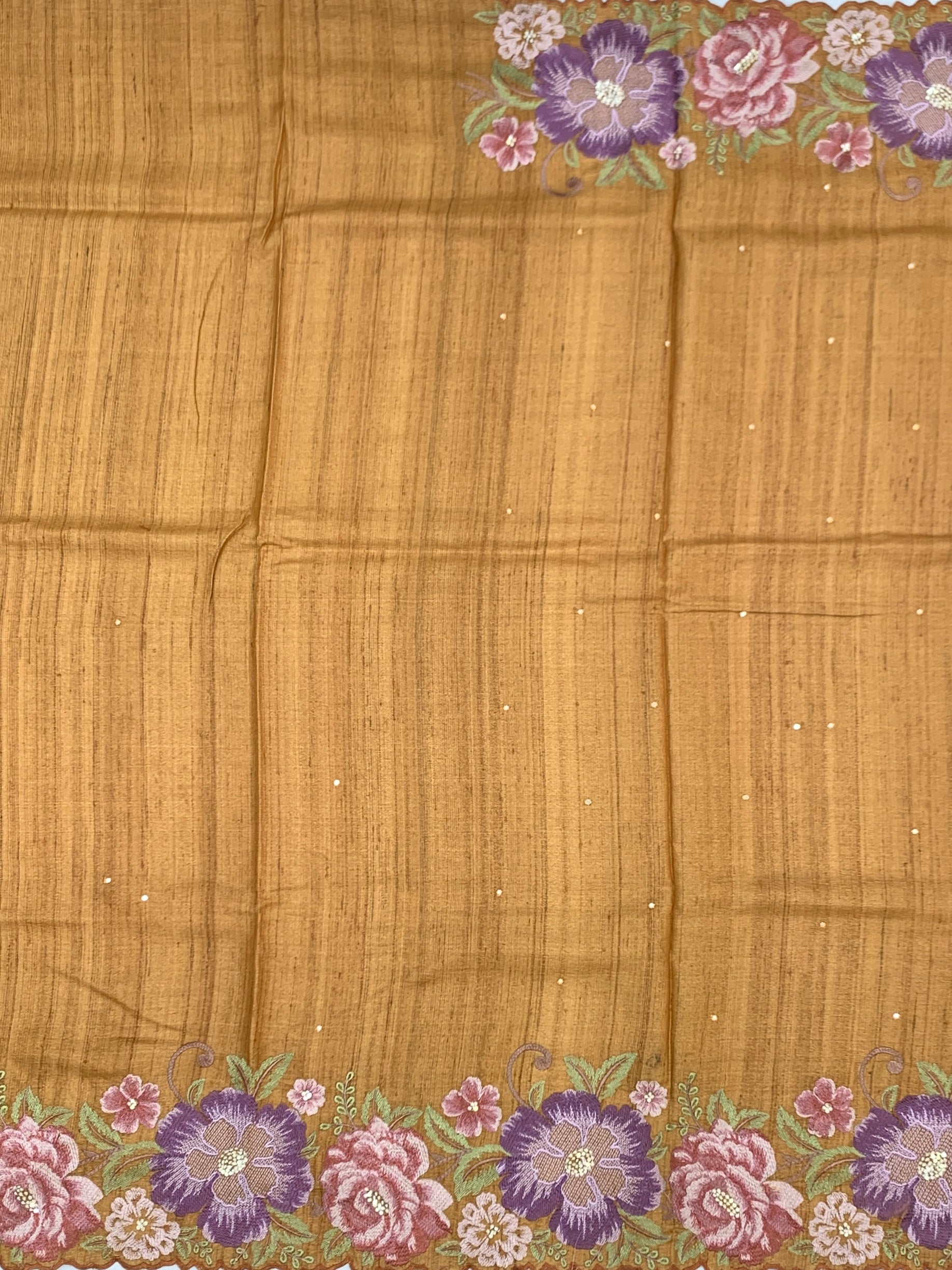Golden Ochre Symphony: Hand-Embroidered Tussar Silk Saree