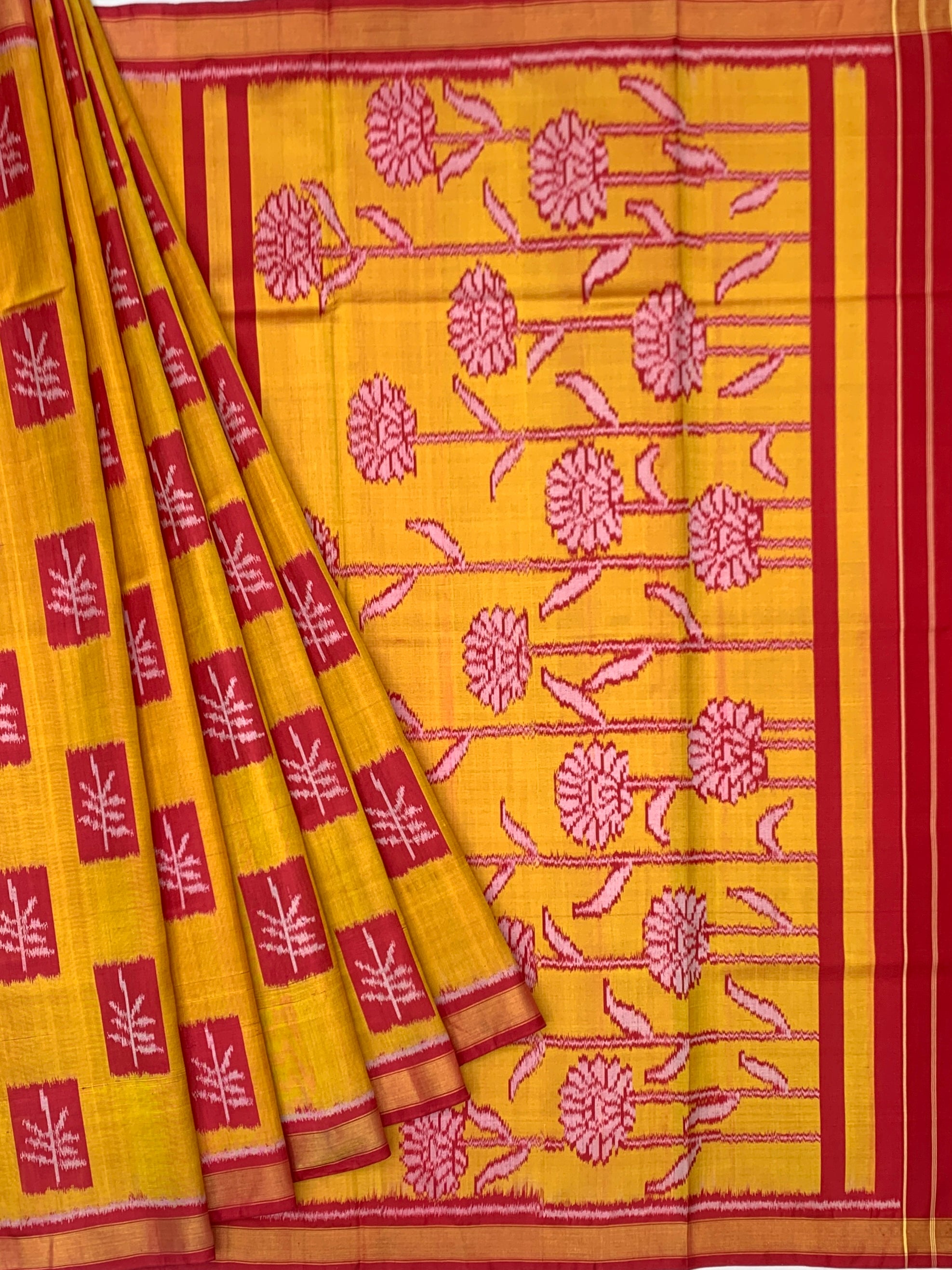 Golden Mustard & Crimson Red: Floral Vine Rajkot Patola Silk Saree