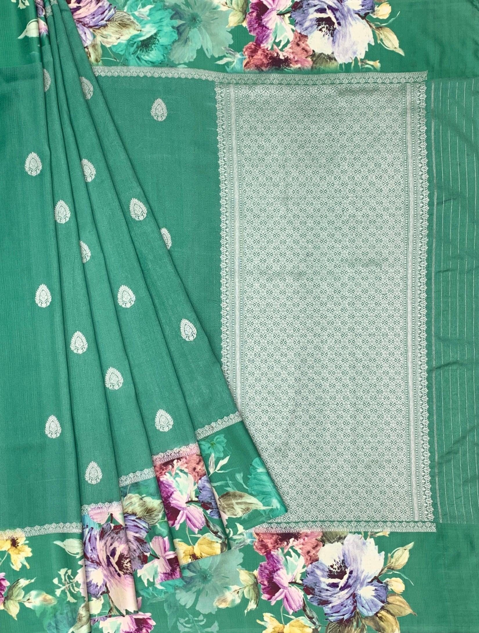 Enchanting Emerald Green Tussar Silk Saree with Floral Border