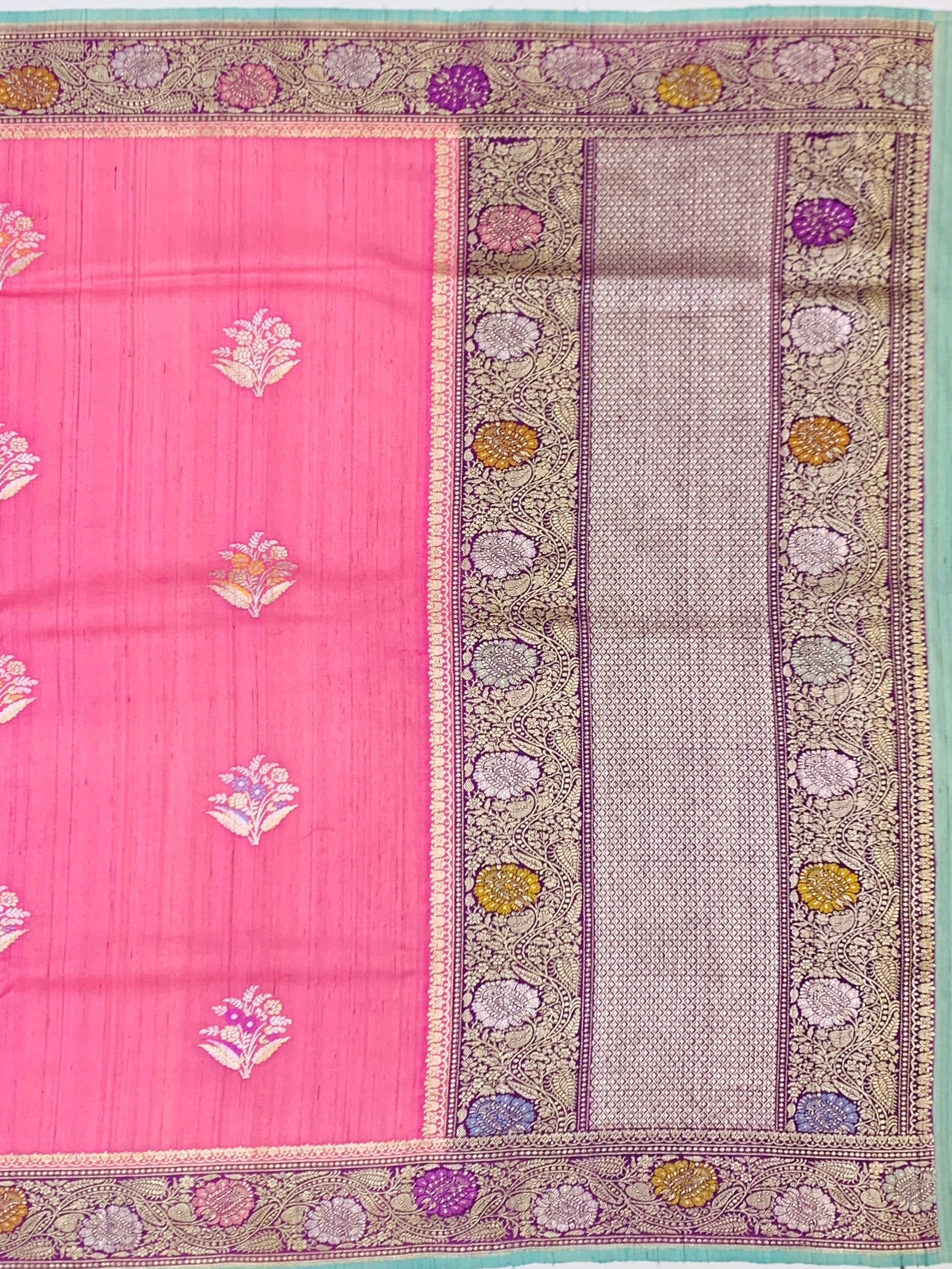Vibrant Fuchsia Pink Tussore Georgette Saree with Meenakari Florals and Aqua Blue Blouse