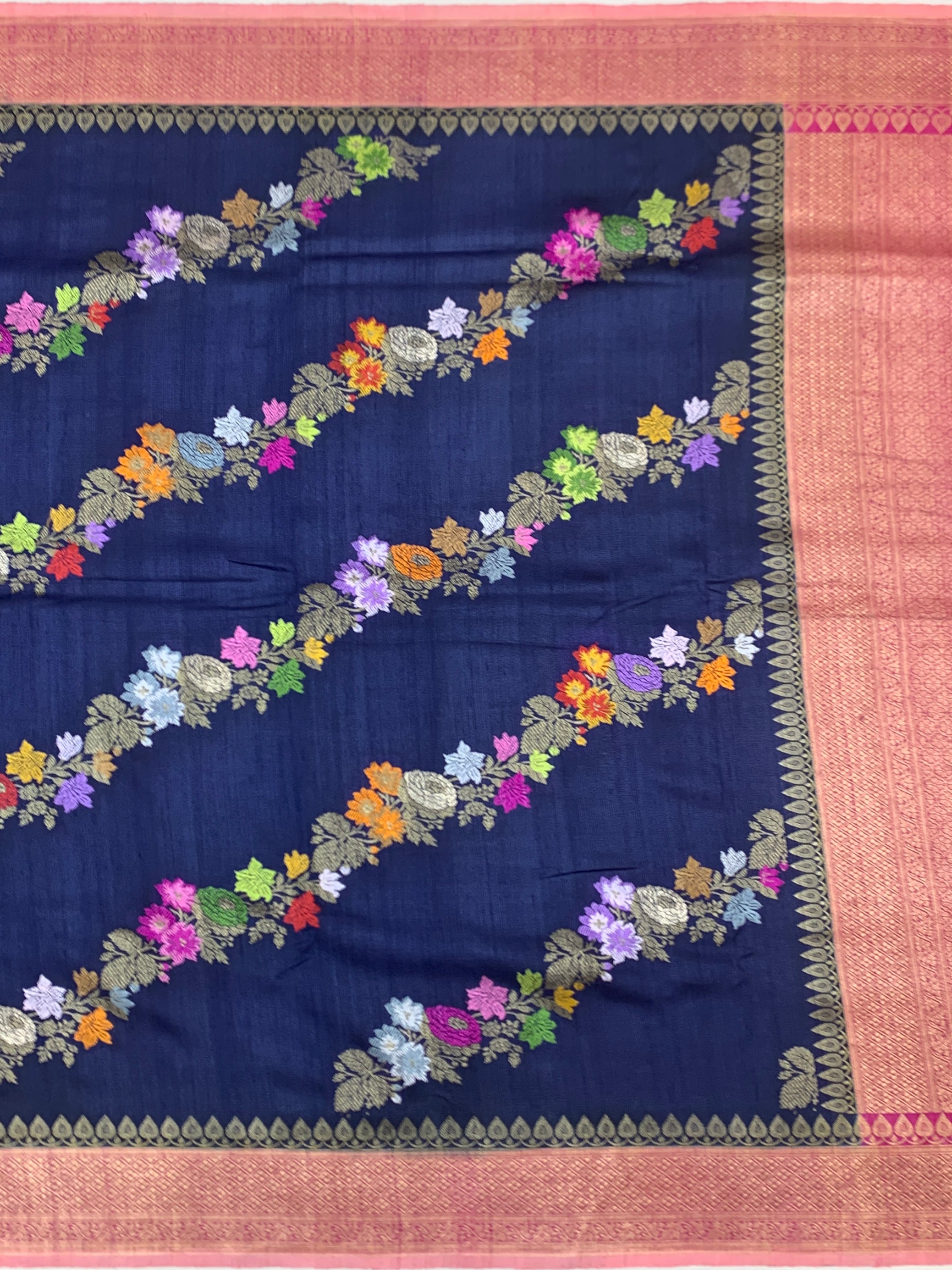 Midnight Blue Floral Tussore Georgette Saree with Contrast Pink Pallu
