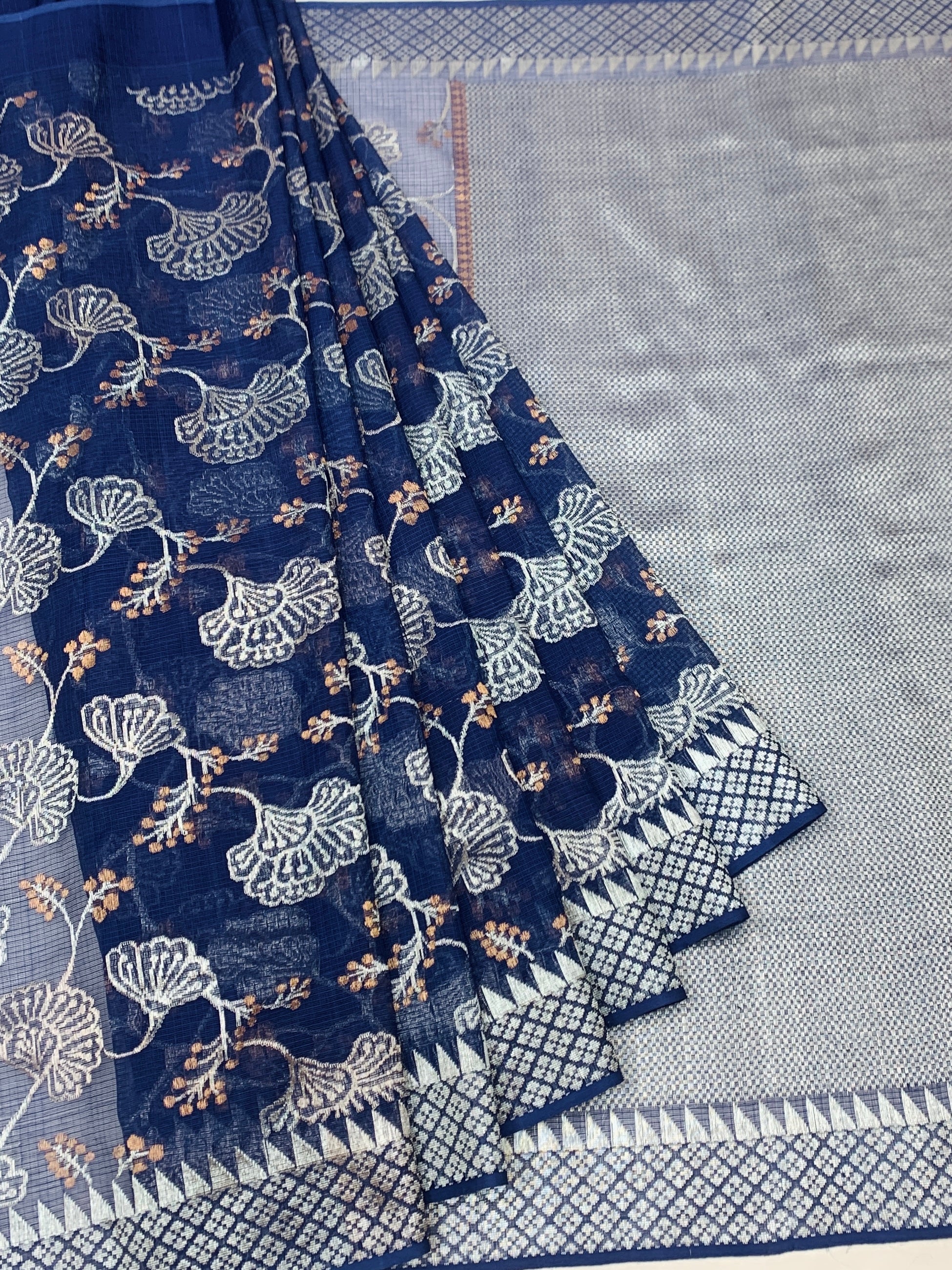 Midnight Blue Zari Kota Saree with Silver Woven Florals & Temple Border