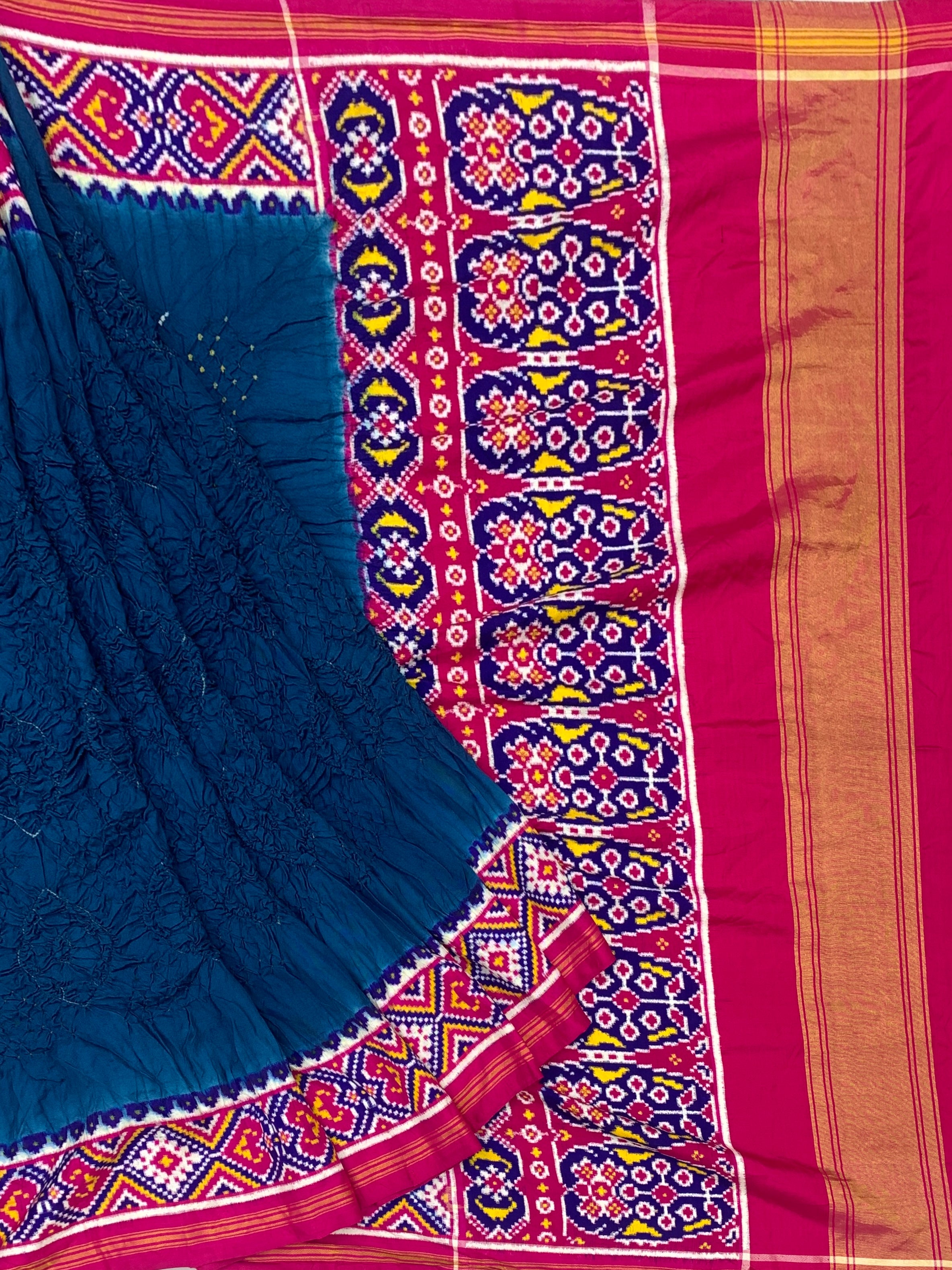 Splendid Peacock Blue & Rani Pink Patan Patola Bandhani Silk Saree