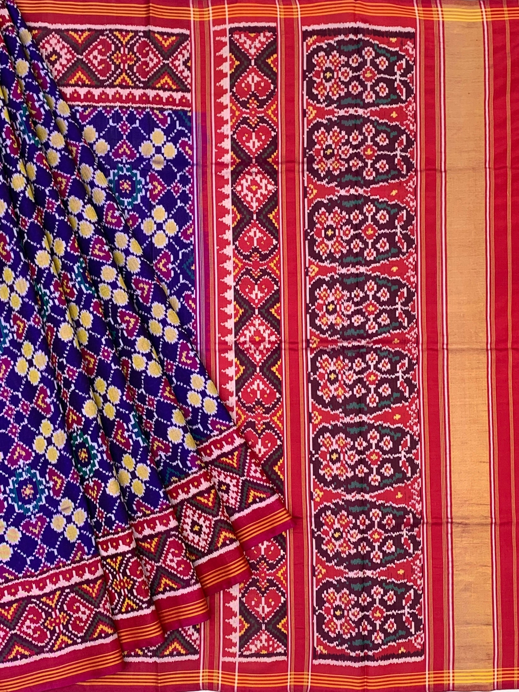Regal Heritage: Royal Blue and Crimson Traditional Patola Silk Saree
