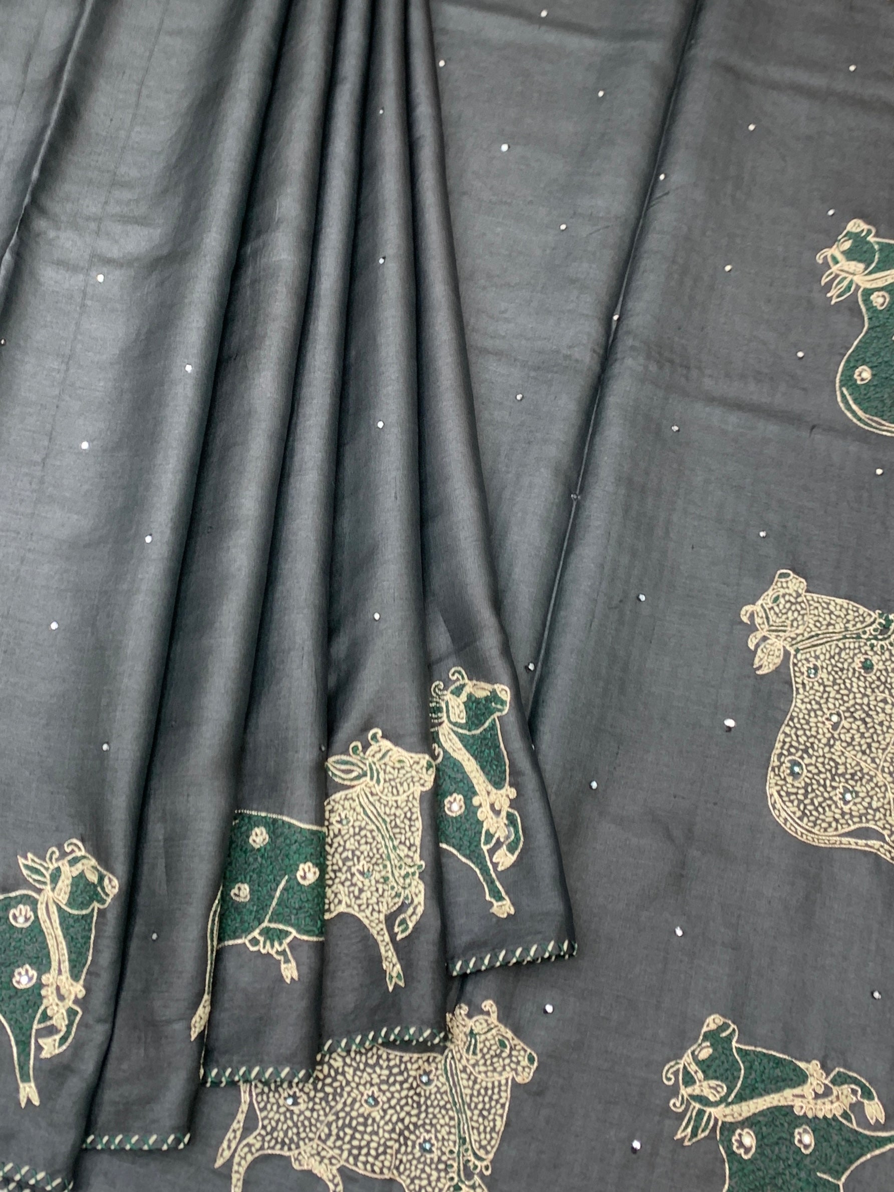 Midnight Charcoal: Pichwai Cow Motif Hand-Embroidered Tussar Saree