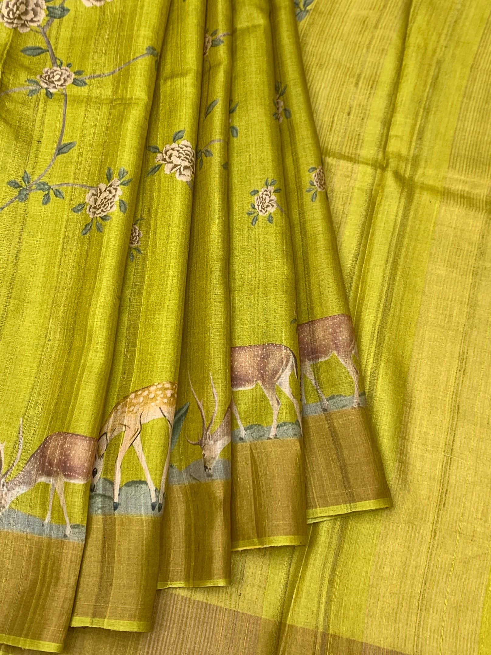 Chartreuse Meadow: Scenic Deer Tussore Printed Saree