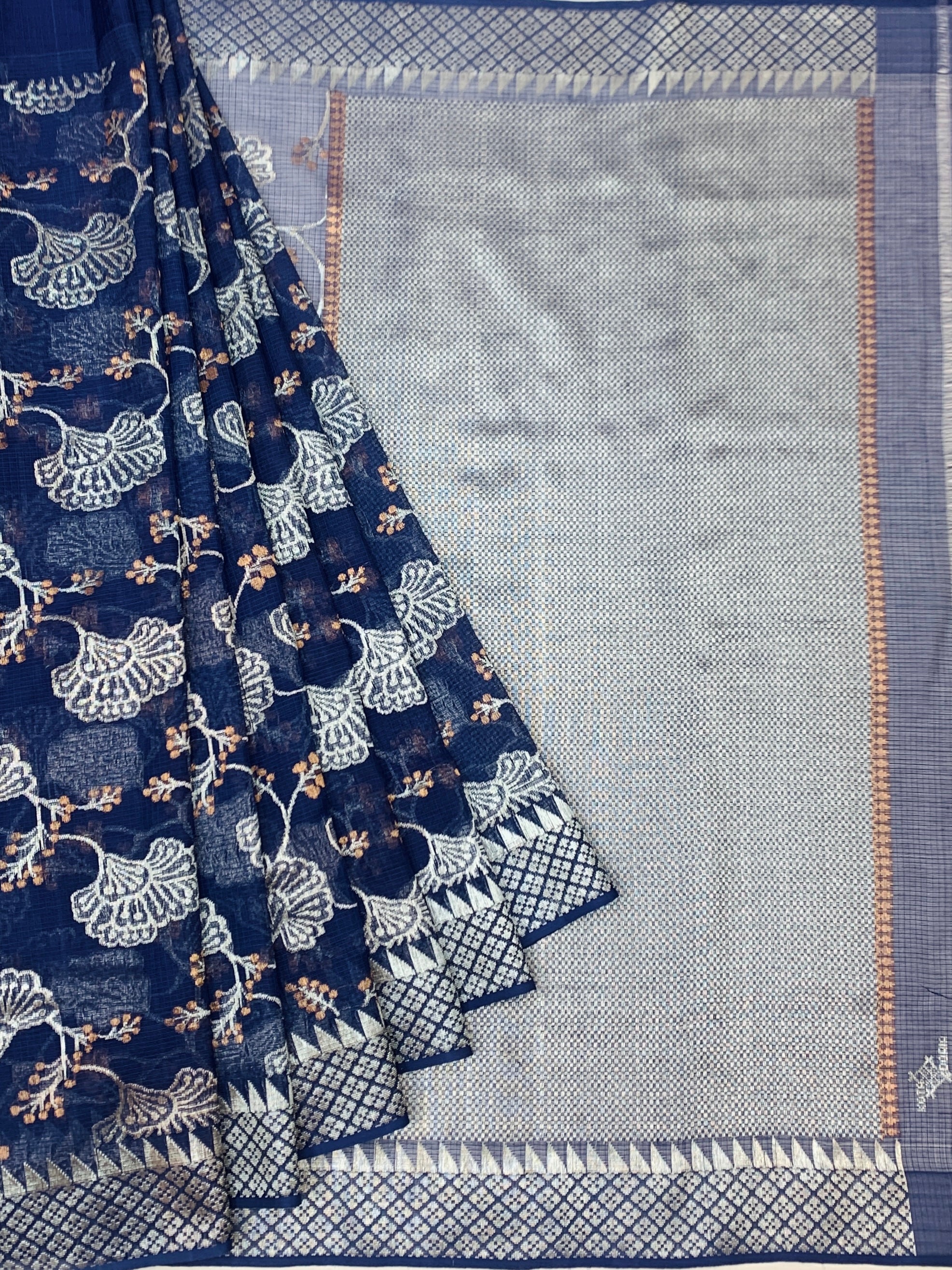 Midnight Blue Zari Kota Saree with Silver Woven Florals & Temple Border