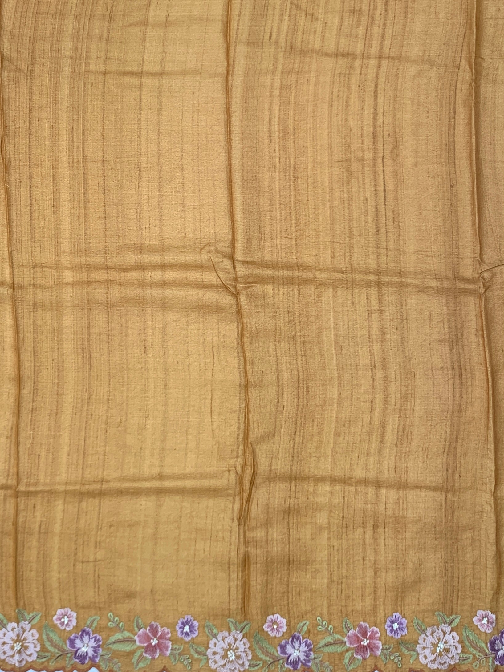 Golden Ochre Symphony: Hand-Embroidered Tussar Silk Saree