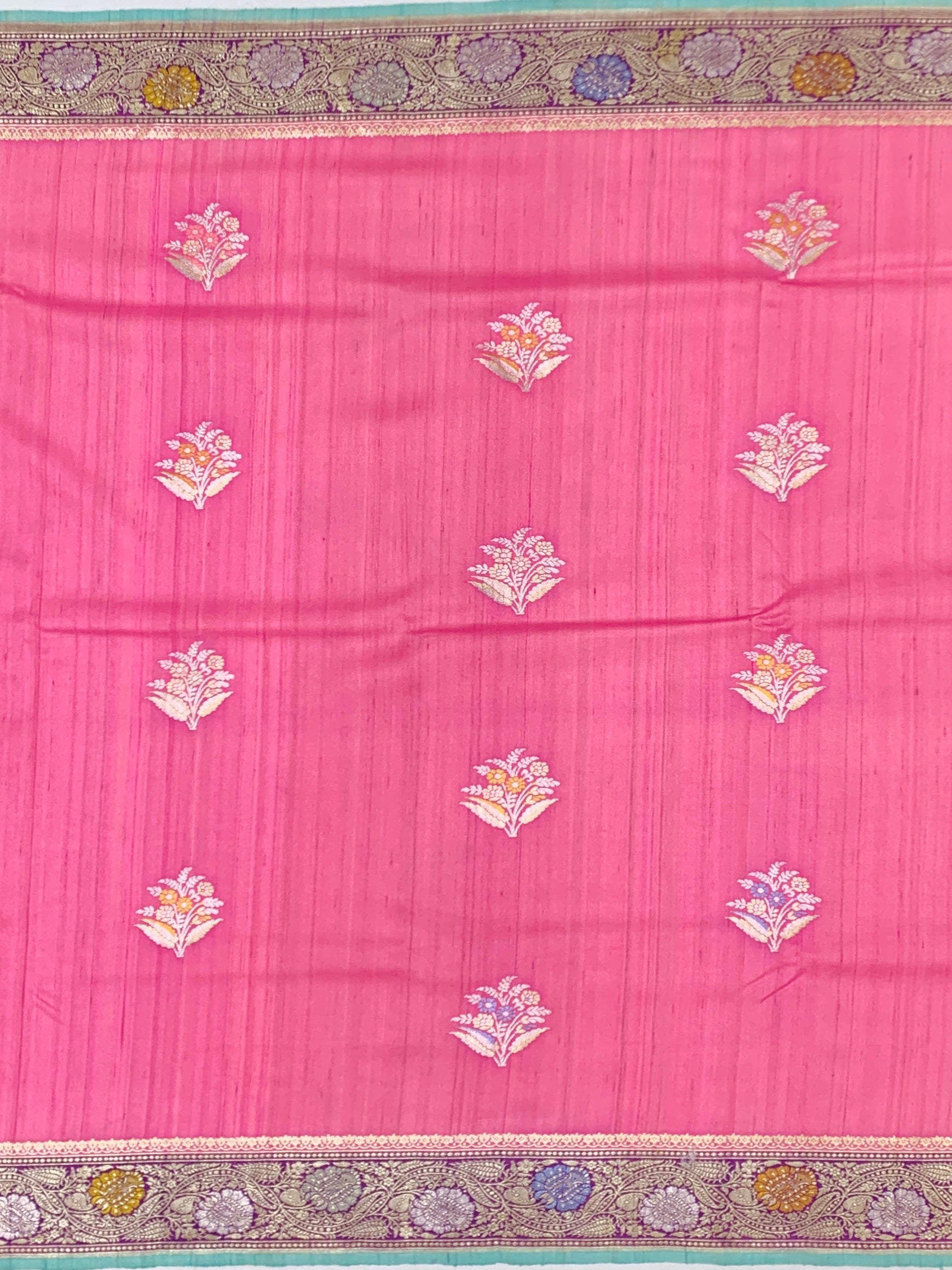 Vibrant Fuchsia Pink Tussore Georgette Saree with Meenakari Florals and Aqua Blue Blouse