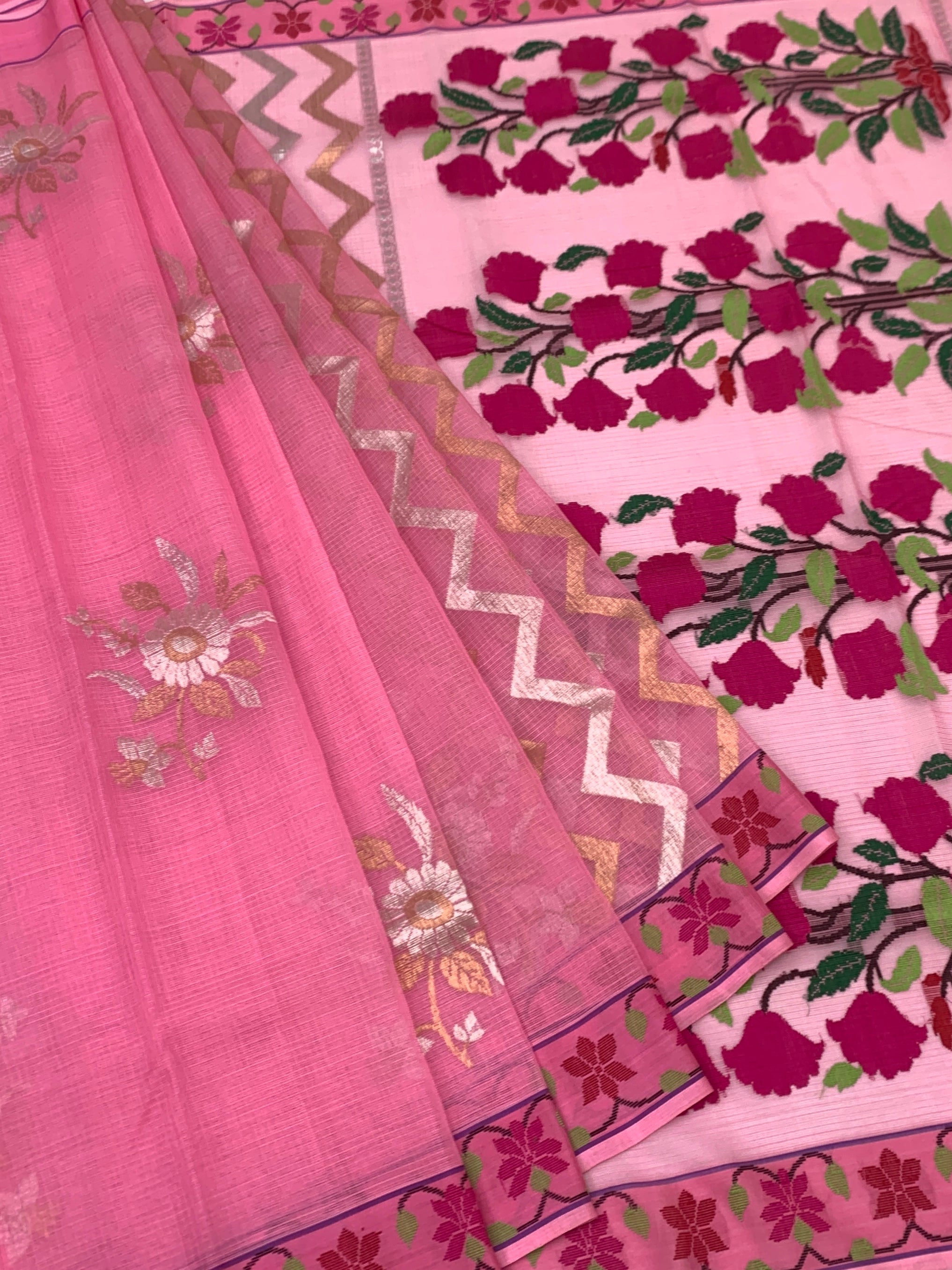 Floral Zari Kota Saree with Striking Chevron Pallu