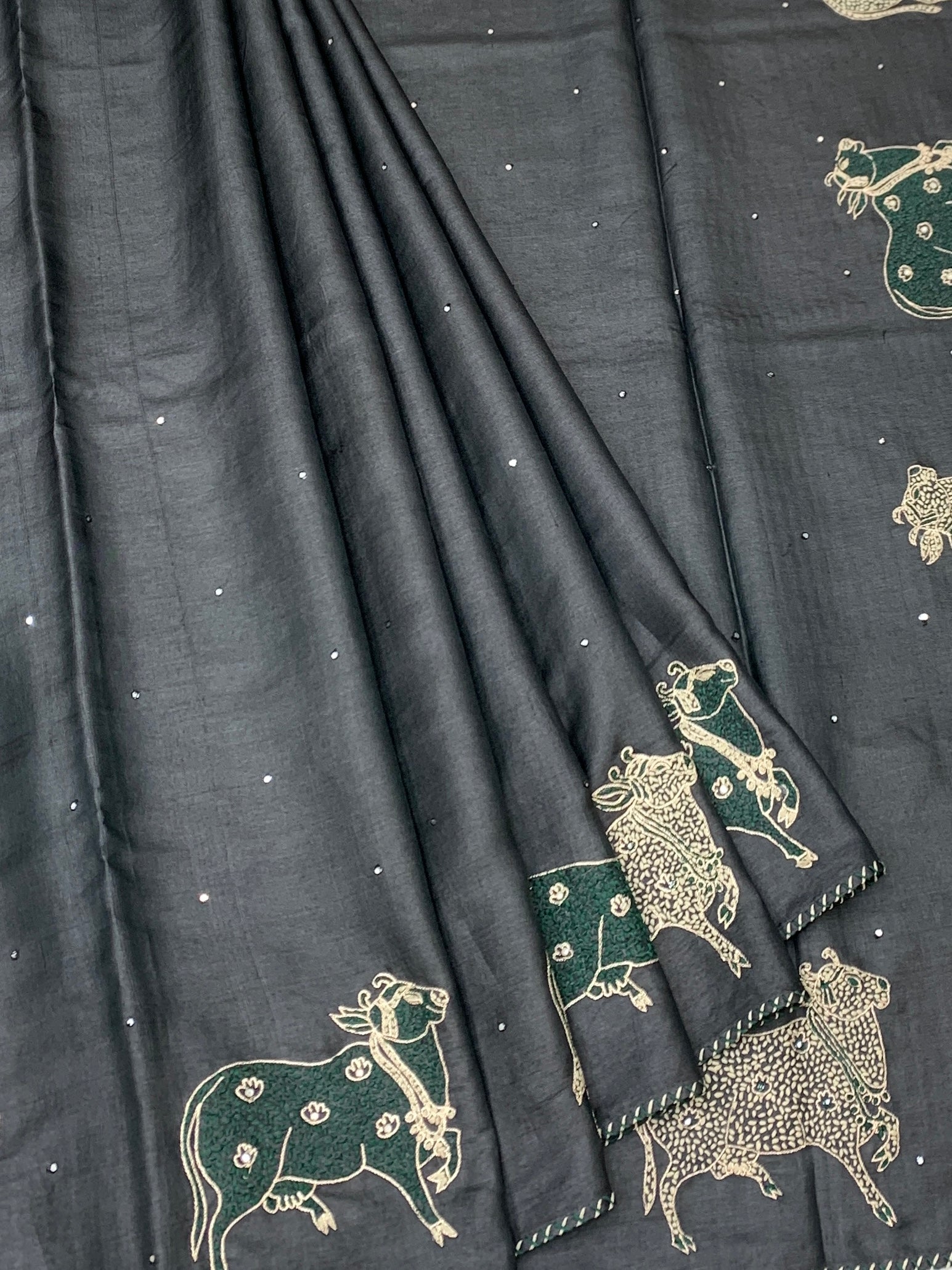 Midnight Charcoal: Pichwai Cow Motif Hand-Embroidered Tussar Saree