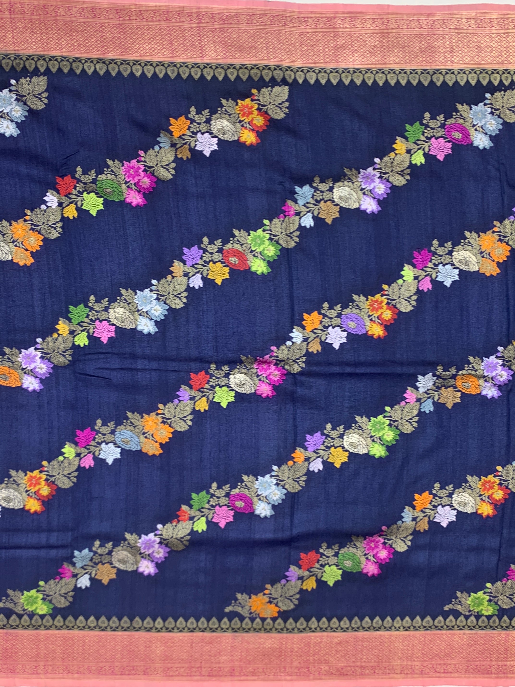 Midnight Blue Floral Tussore Georgette Saree with Contrast Pink Pallu