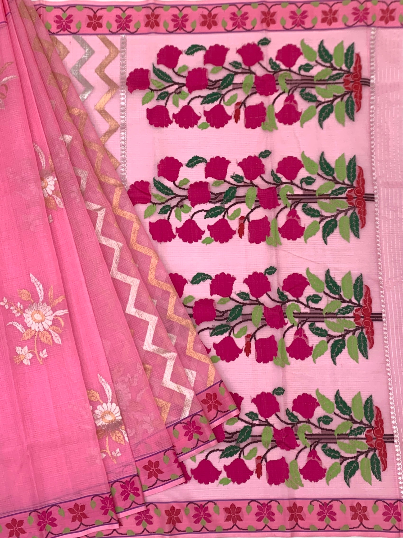 Floral Zari Kota Saree with Striking Chevron Pallu