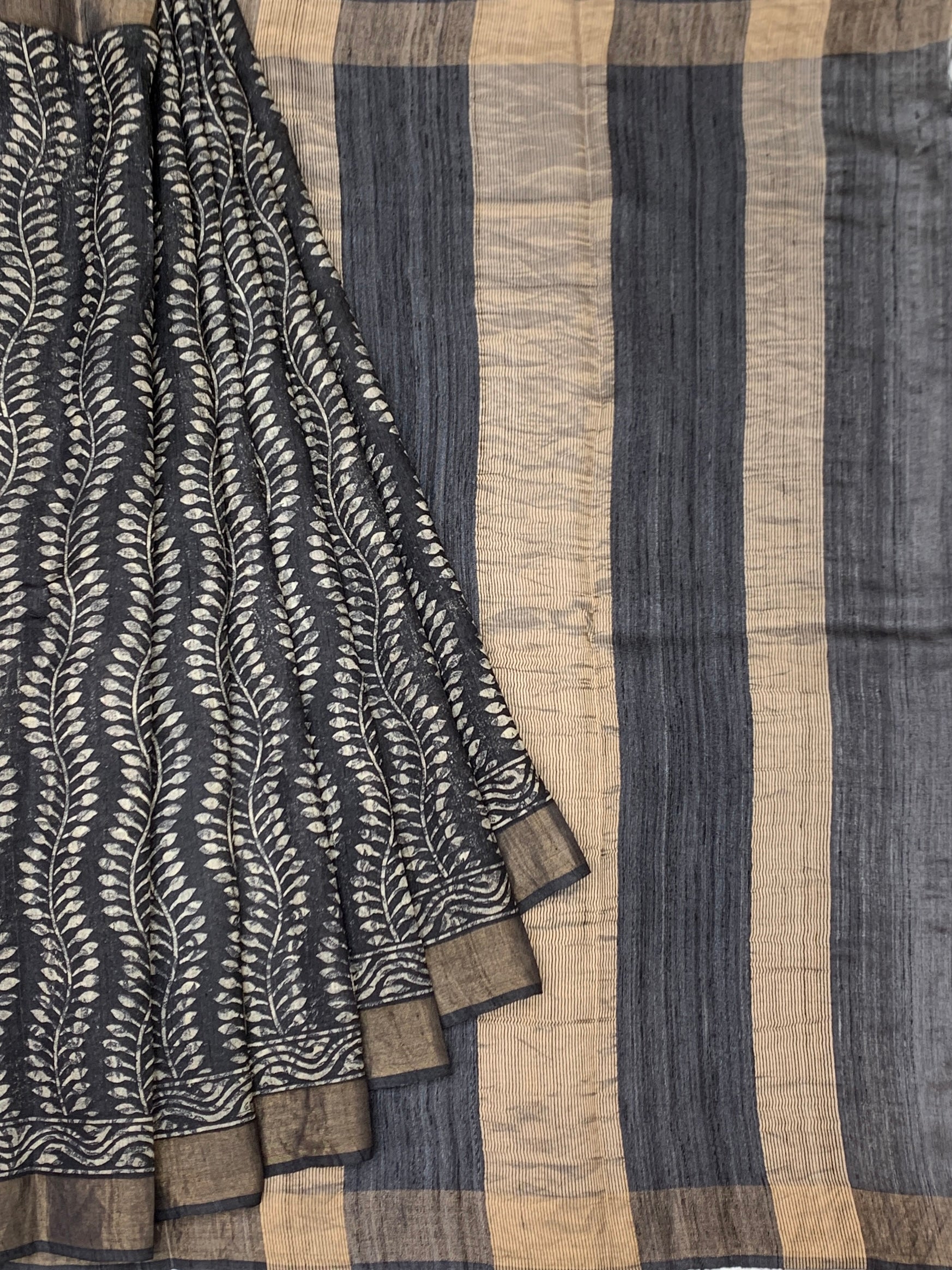 Charcoal Black Tussore Saree with Vine Block Prints