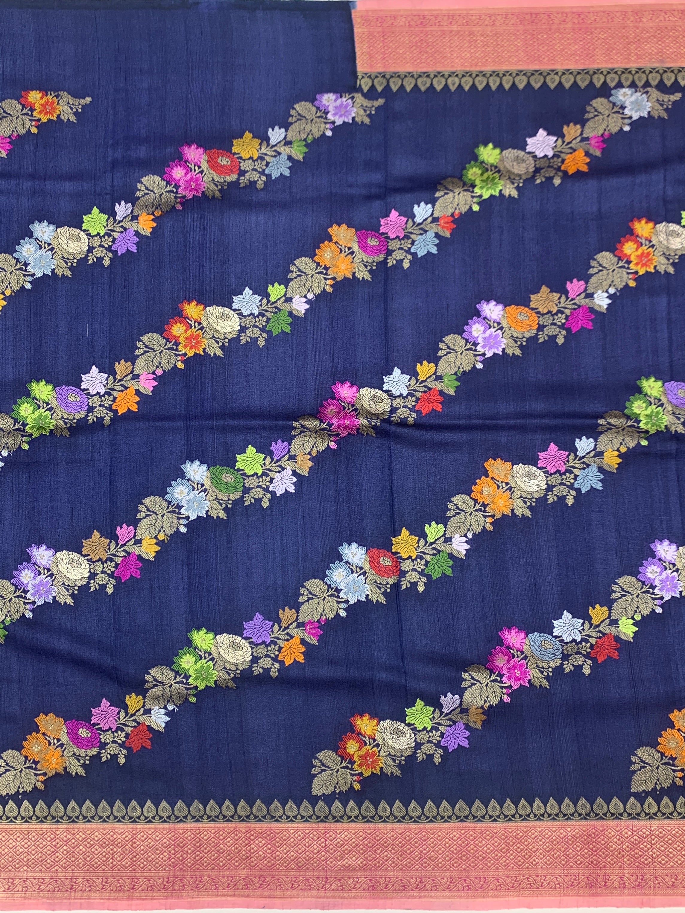 Midnight Blue Floral Tussore Georgette Saree with Contrast Pink Pallu