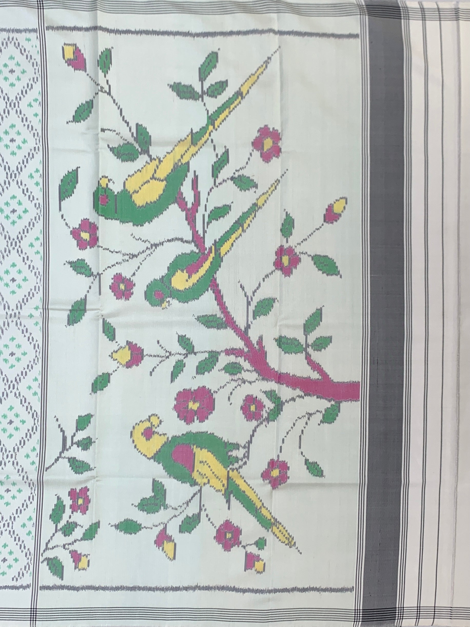 Ivory Handwoven Patola Saree with Vibrant Popat (Parrot) Pallu