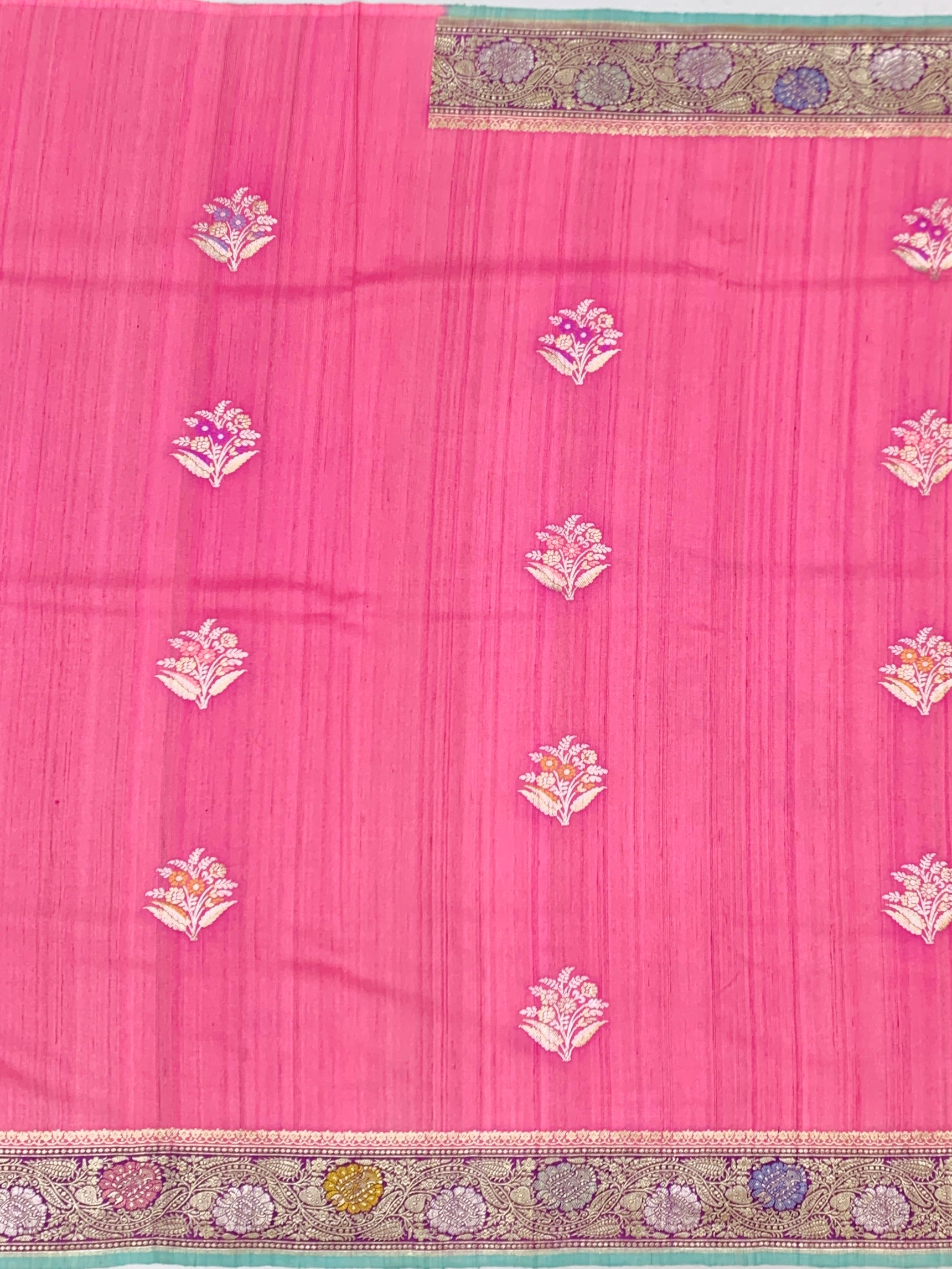 Vibrant Fuchsia Pink Tussore Georgette Saree with Meenakari Florals and Aqua Blue Blouse