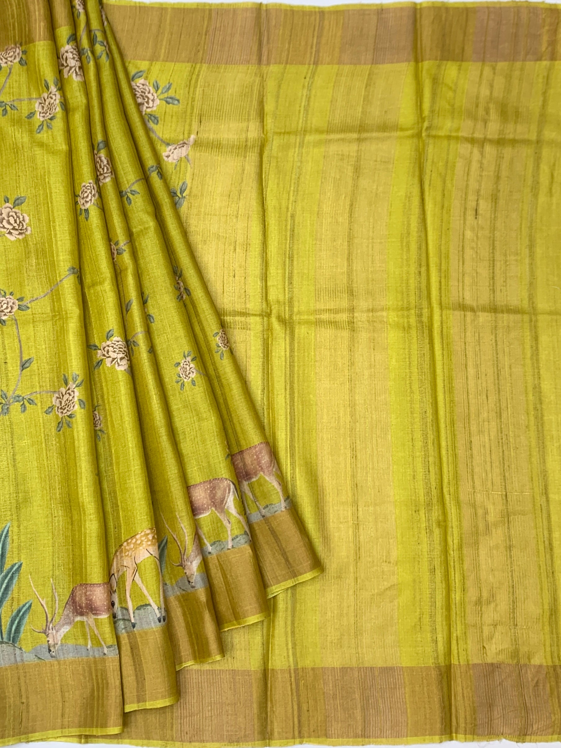 Chartreuse Meadow: Scenic Deer Tussore Printed Saree