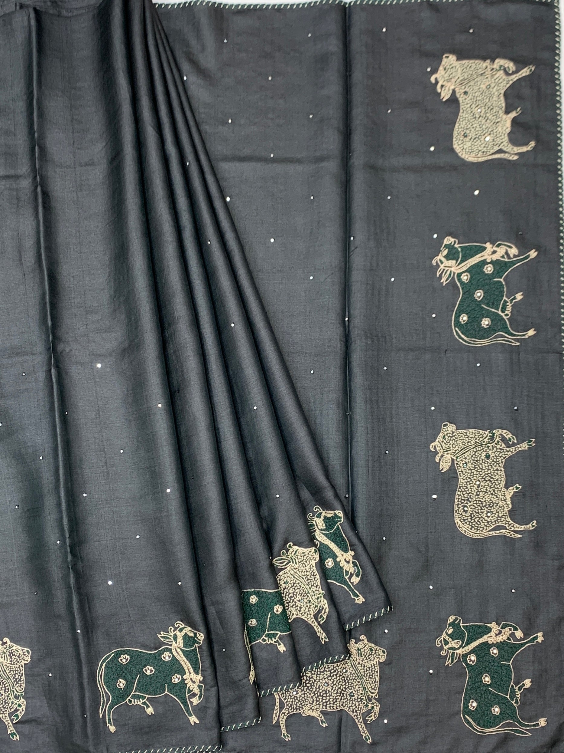 Midnight Charcoal: Pichwai Cow Motif Hand-Embroidered Tussar Saree