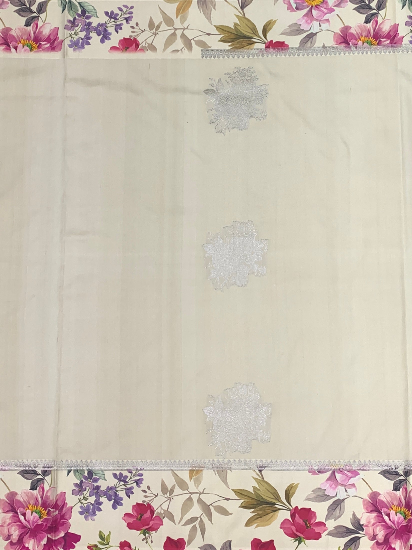 Ethereal Blooms: Ivory Tussar Silk Saree with Floral Print